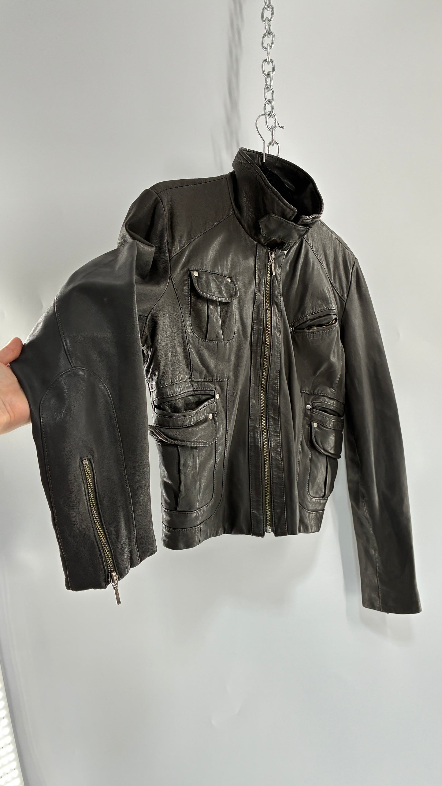 Vintage IDENTIFY Soft Genuine Leather Jacket with High Neck and Multi Pocket Details (Medium)