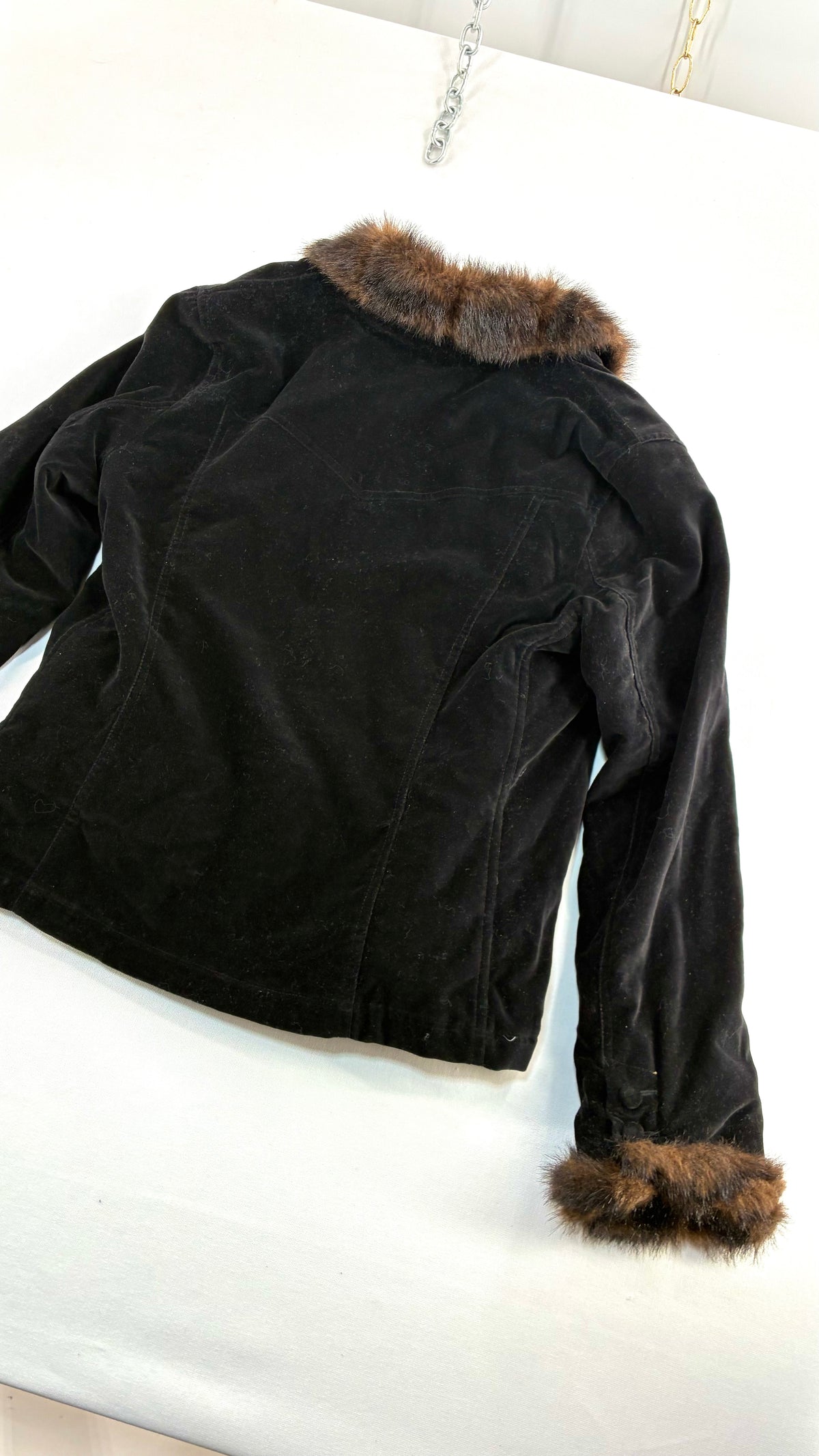 Vintage BLACK RIVET Velour Jacket with Vegan Fur Trim Collar and Cuffs (Large)