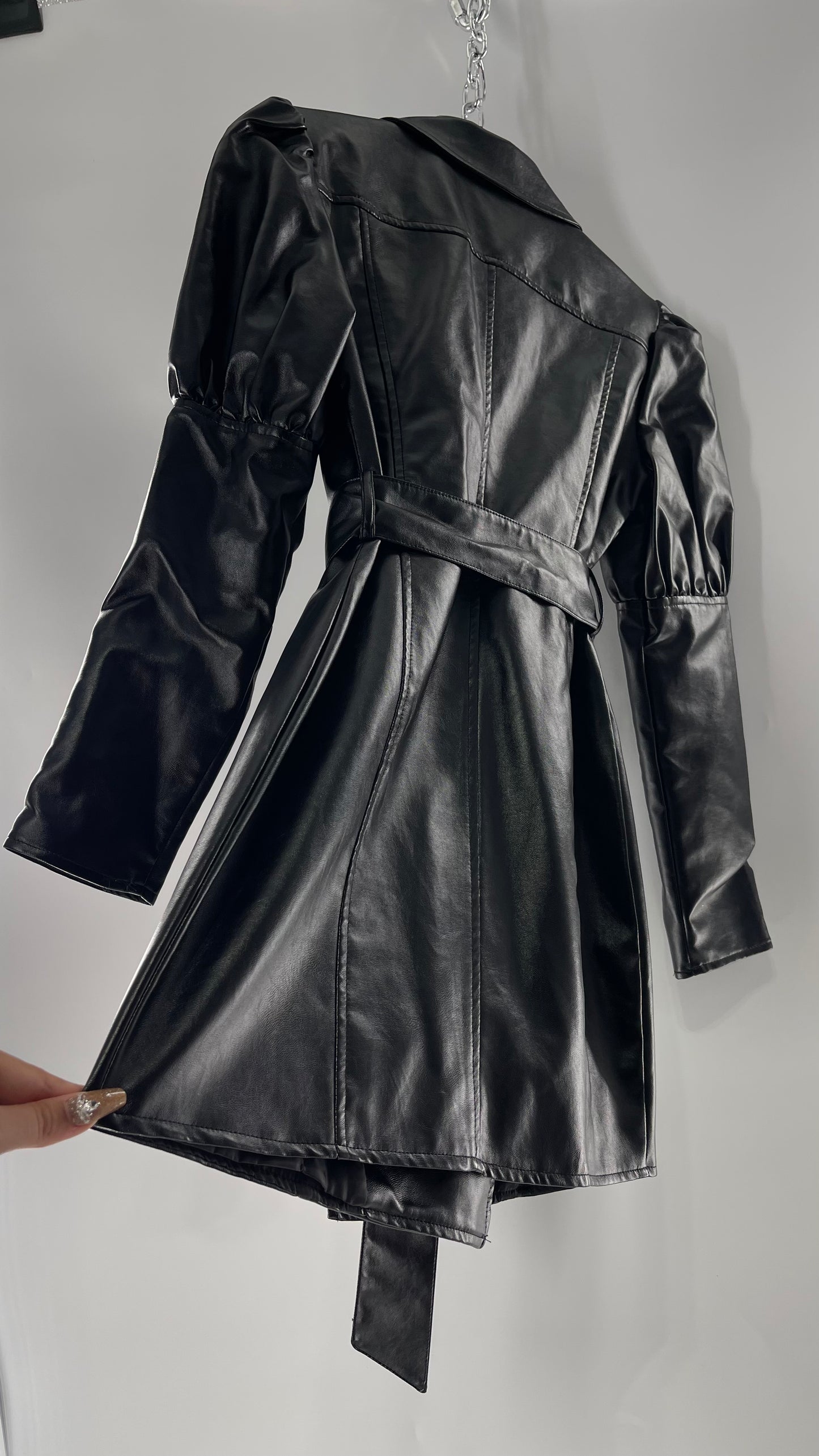 NASTYGAL Black Patent Pleather Puff Shoulder Belted Trench Coat (C)(6)