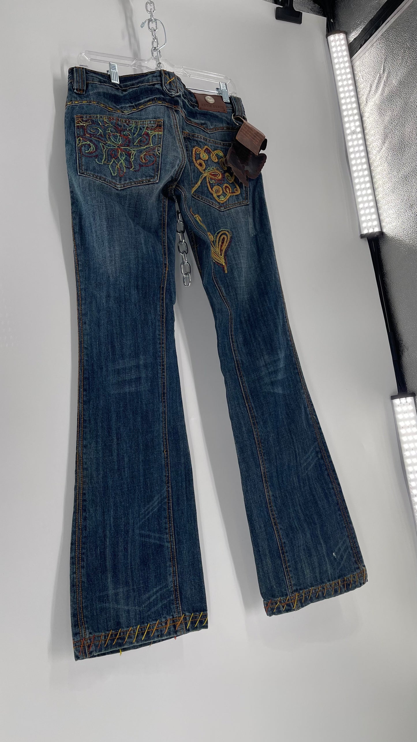 Vintage RARE Antik Denim Kick Flares with Embroidered Flower Design and Contrast Stitching (28)