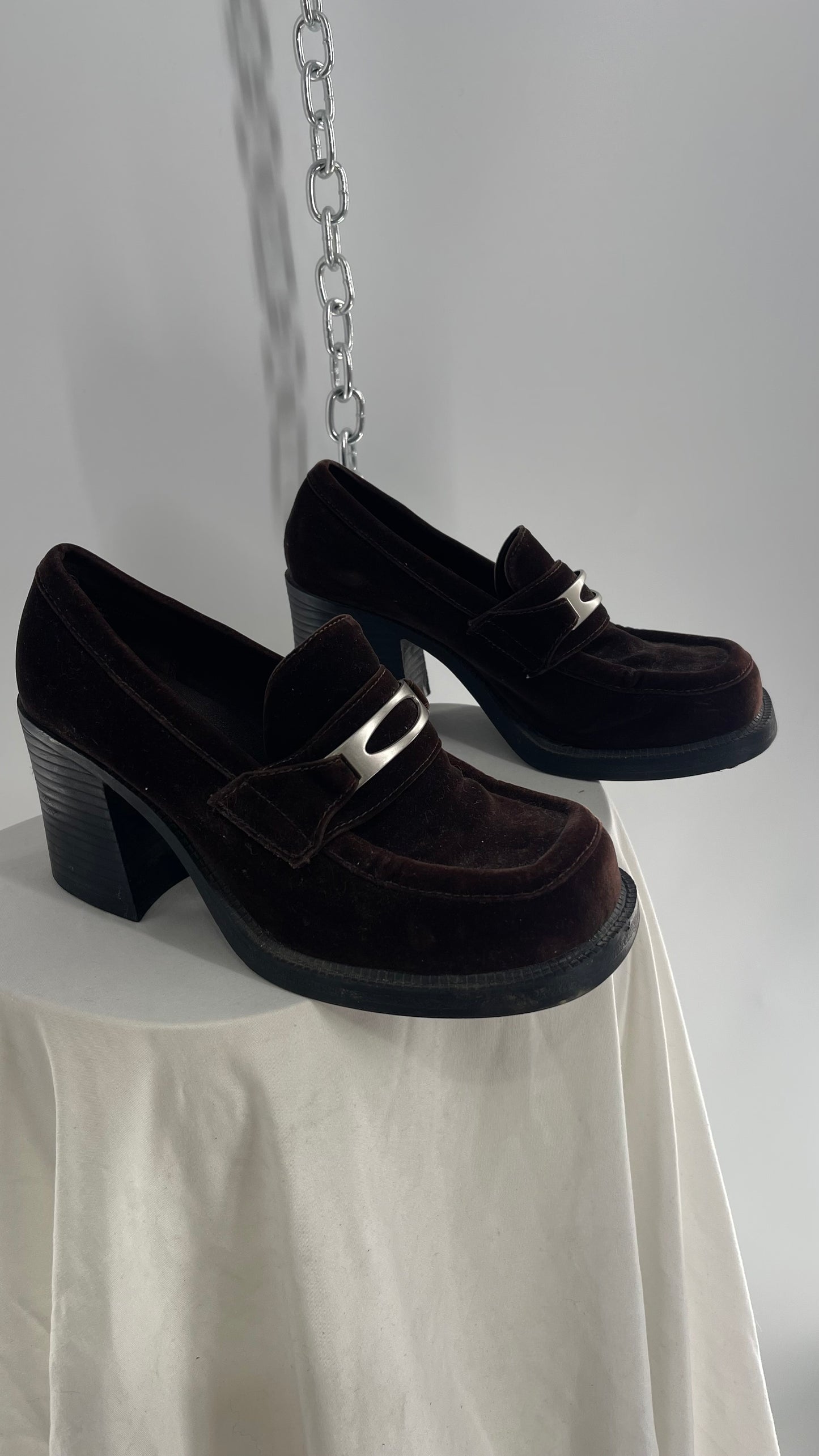 Vintage Modern Edge 1990s Dark Brown Velvet Loafer with Chunky Block Heel (8)