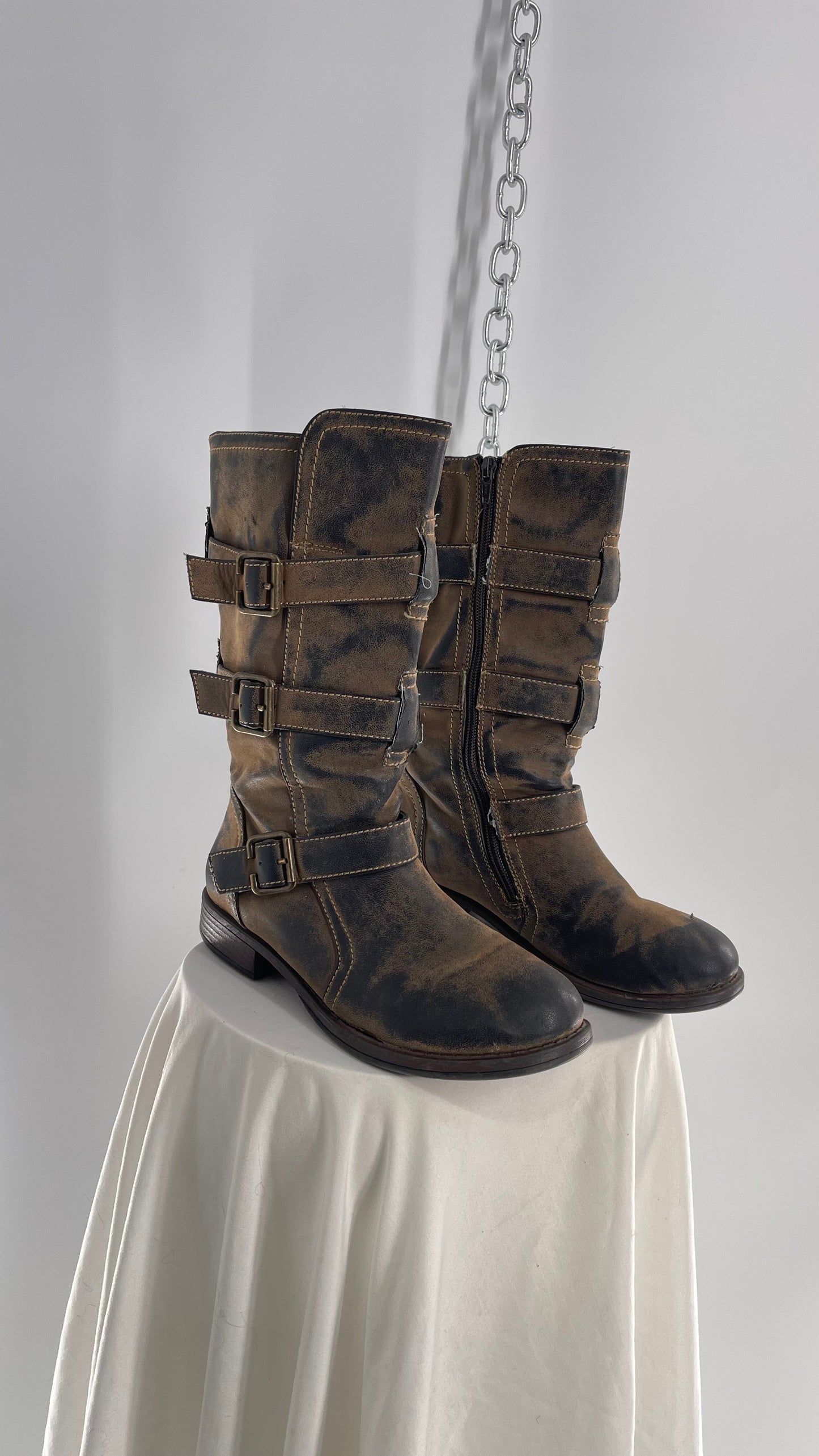 Vintage Mixed Tone Triple Buckle Boots (7.5)