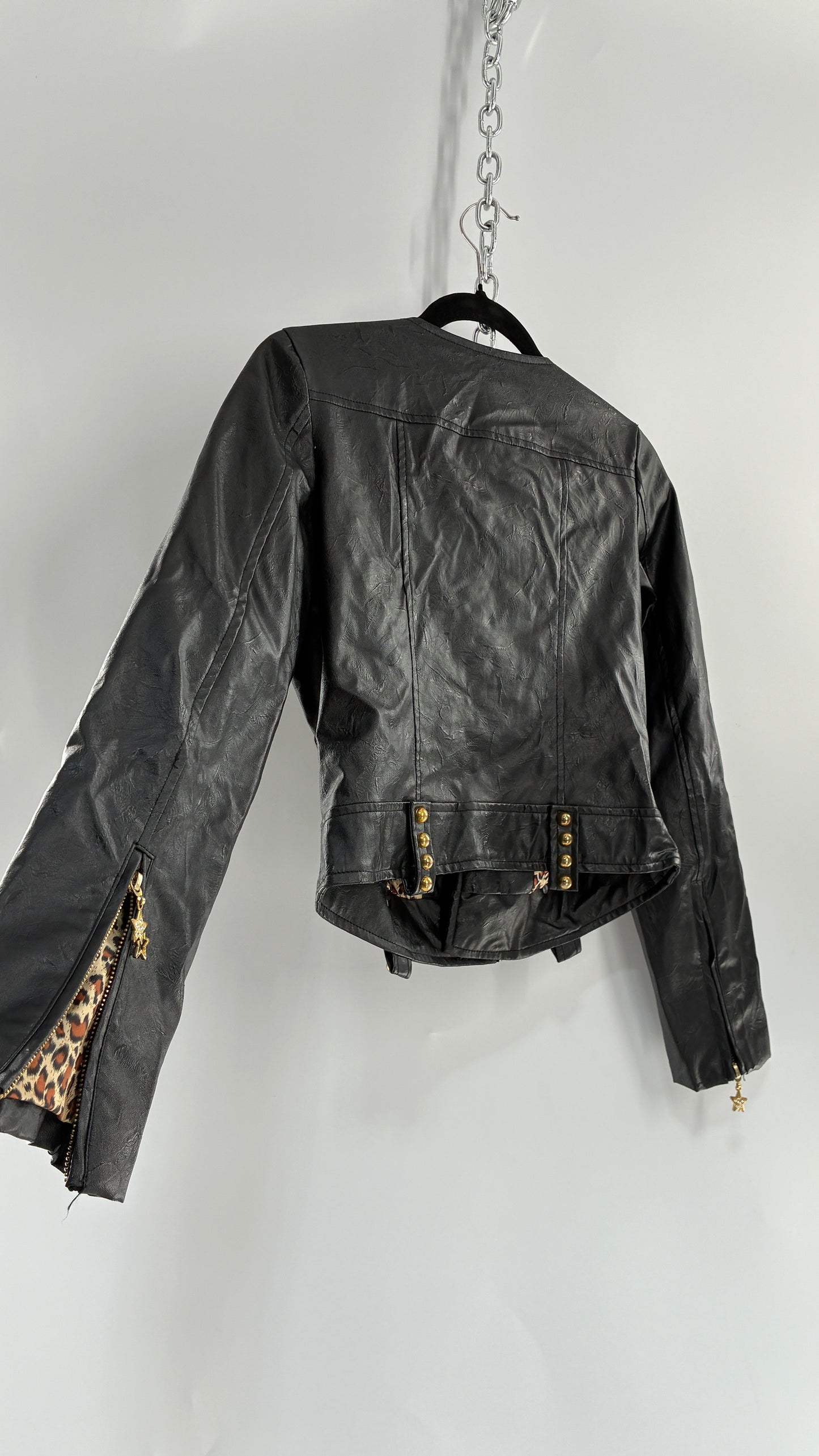 Vintage Black Vegan Leather Jacket with Oversized Lapel, Belt Loops and Pockets Covered in Heavy Duty Gold Studs (Small)