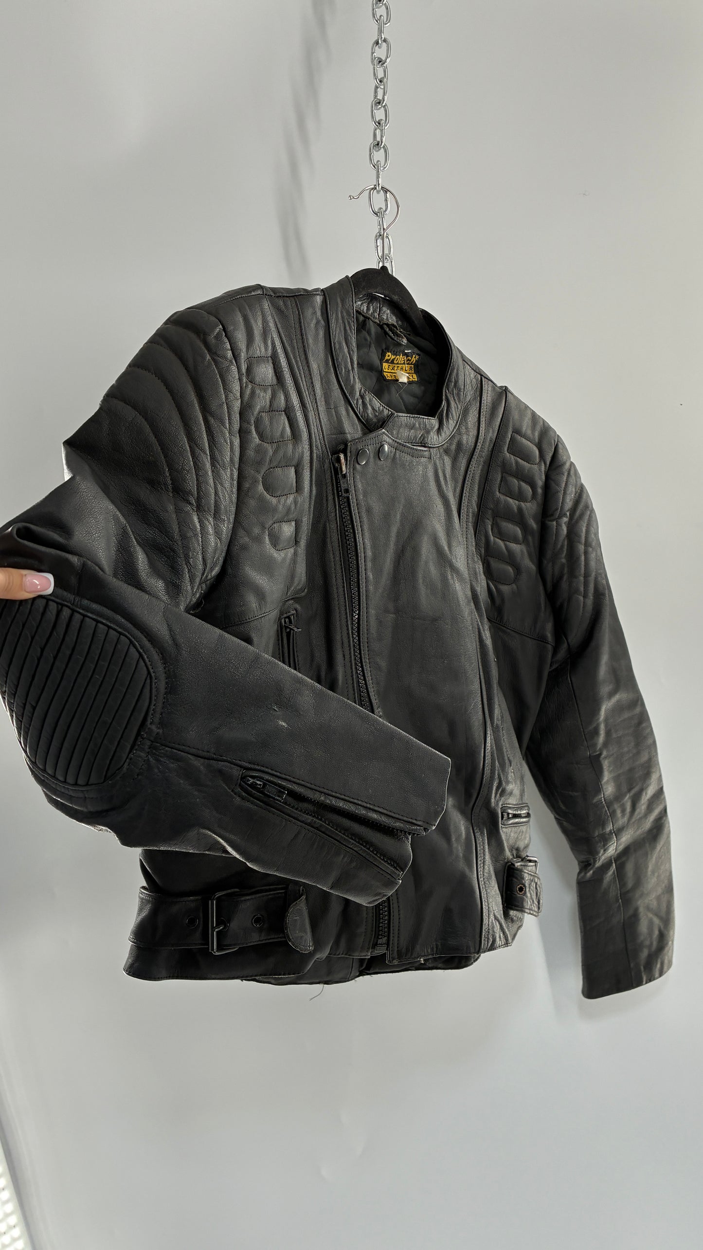 Vintage PROTECH Black Leather Motorcycle Jacket (46)