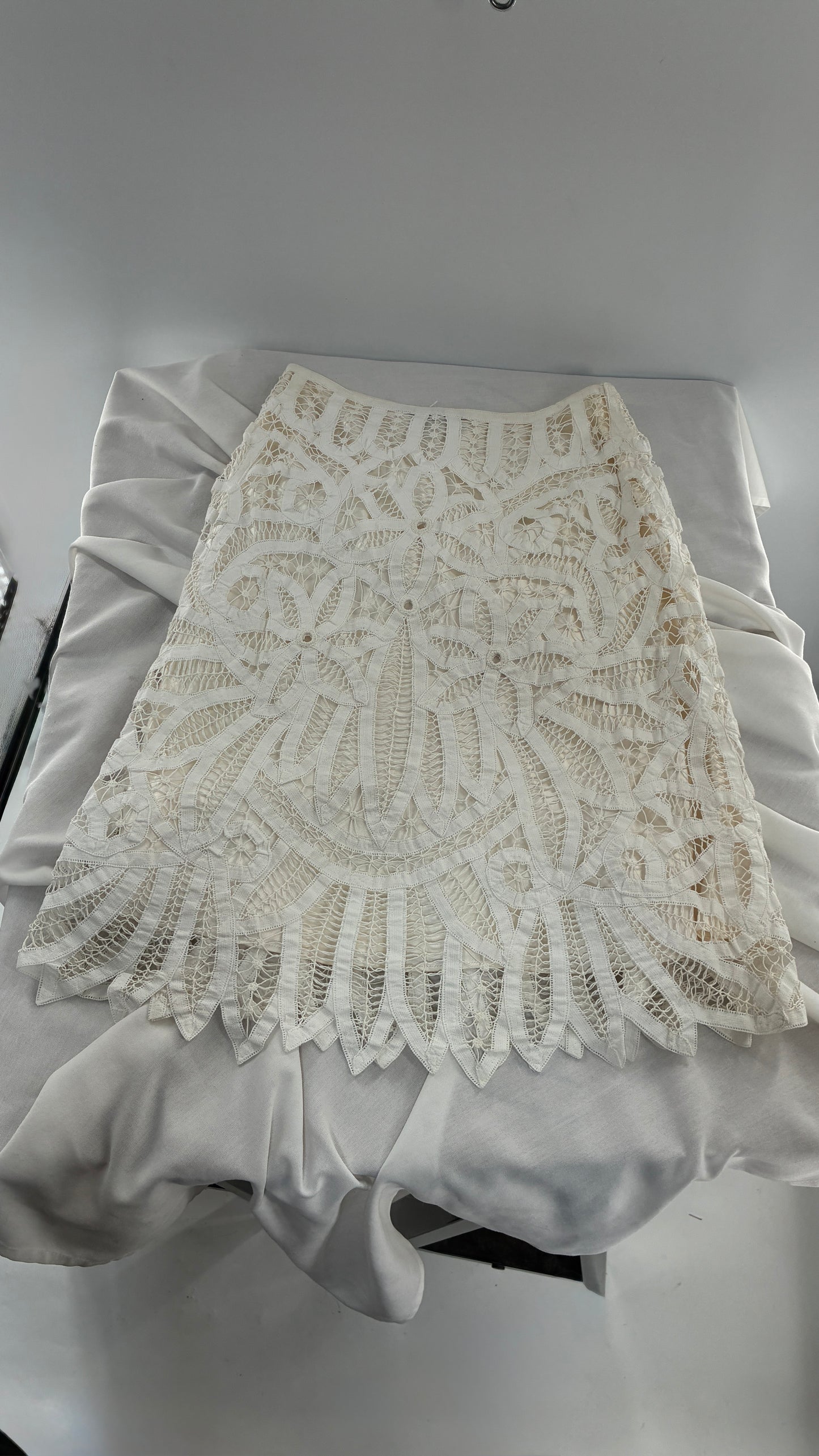 Vintage LAFAYETTE 148 NEW YORK 100% Cotton White Lace Skirt with 100% Silk Underlay (6)