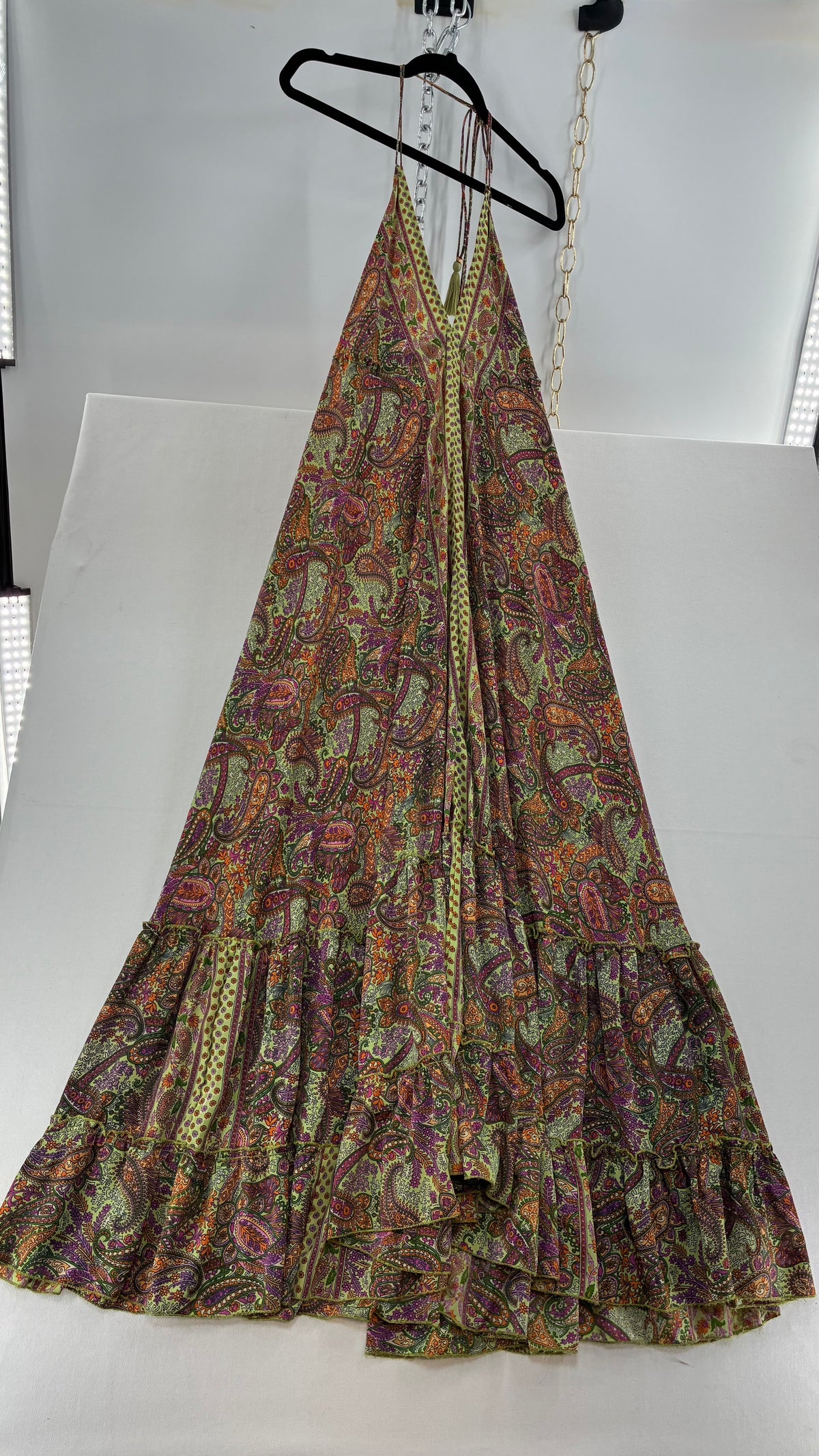 Vintage MIKV Paisley Patterned Flowy Full Length Gown with Low, Open Back Detail (OS)