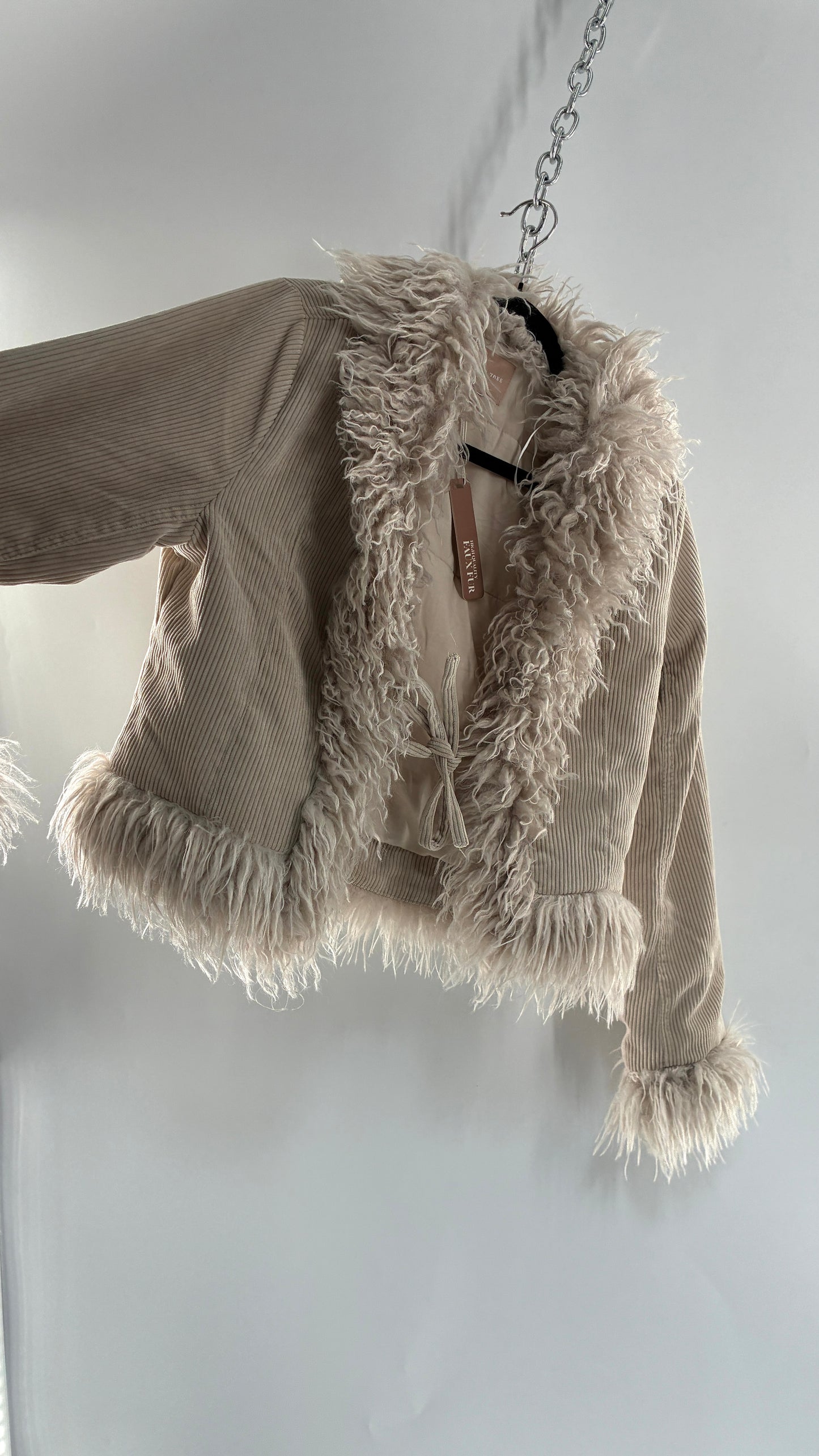 Love Tree Off White Corduroy Jacket with Faux Mongolian Trim Collar and Cuffs Tags Attached (Small)
