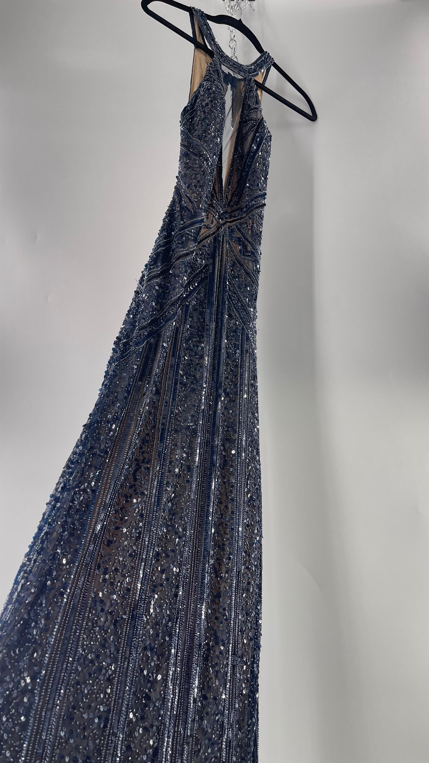 Vintage SCALA Navy Blue Beaded Floor Length Gown with Plunging Neckline, Backless Detail, and Tan Underlay (C)(4)