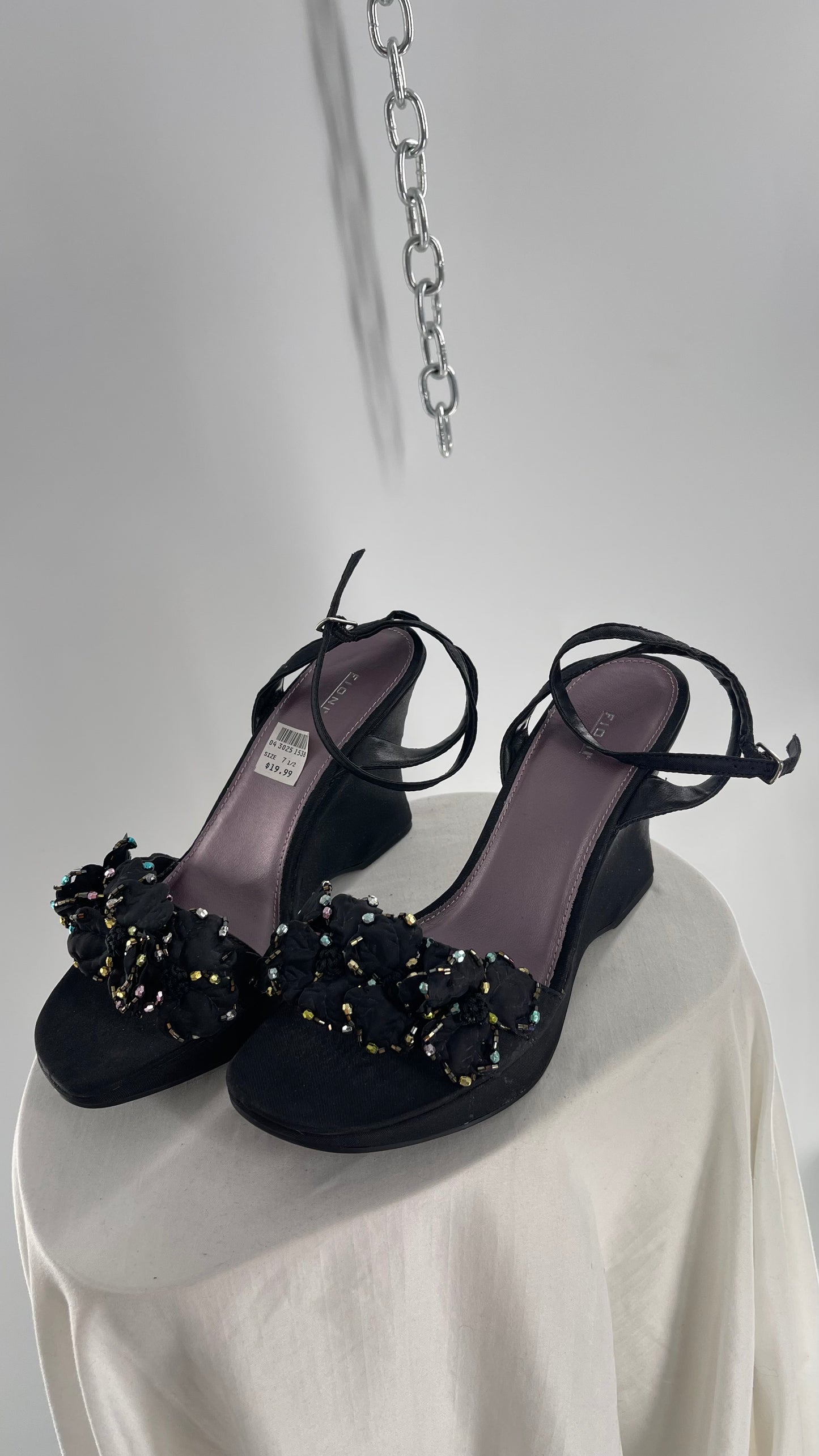 FIONI Vintage Black Wedge Satin Heel with Beaded Floral Rosette Petals (7.5)