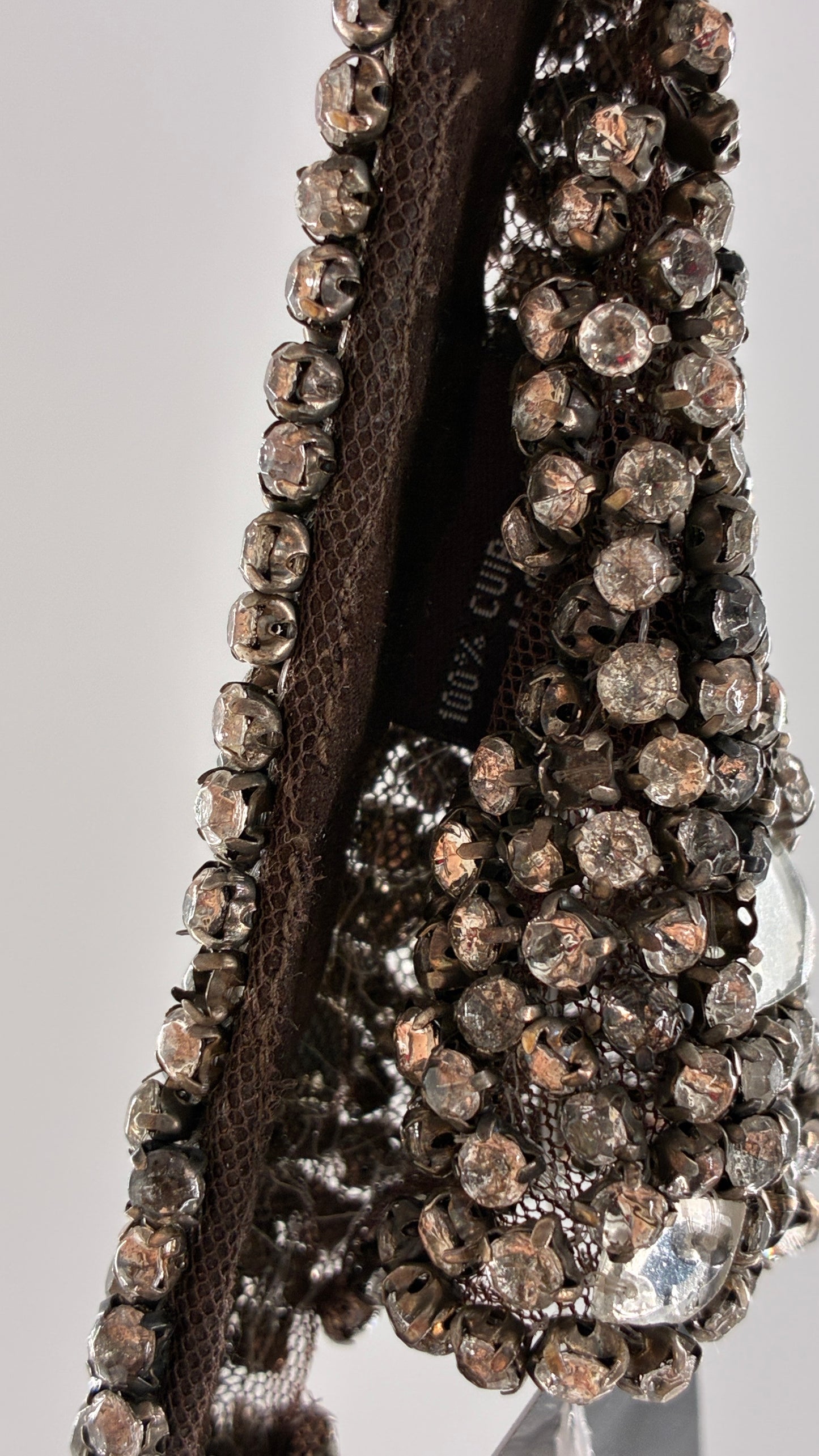 Vintage Brown Suede Leather Scalloped Belt Covered in Rhinestones and Heavy Ornate Beading