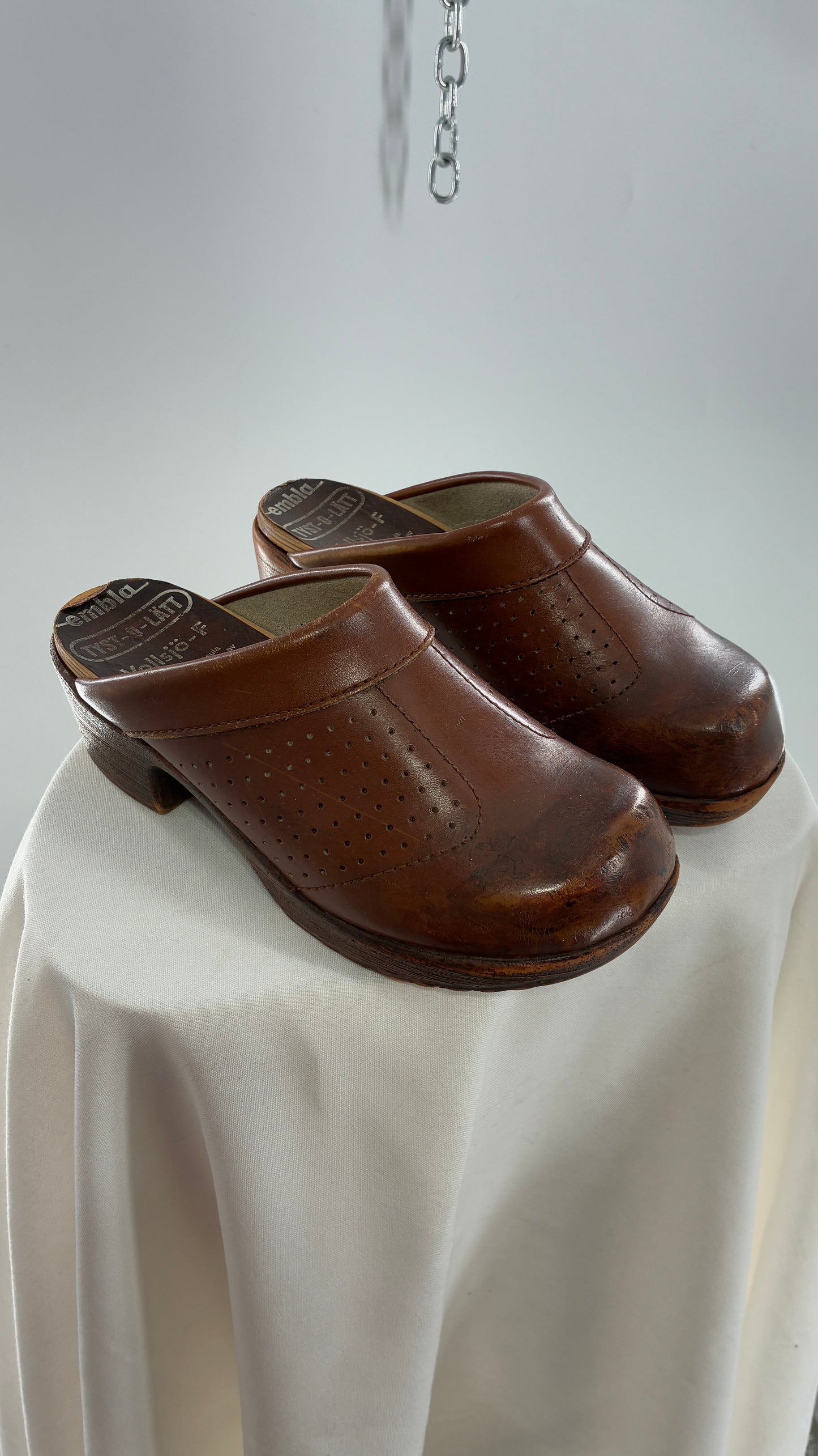 Vintage EMBLA 1970s Brown Leather, Wooden Clogs (37)