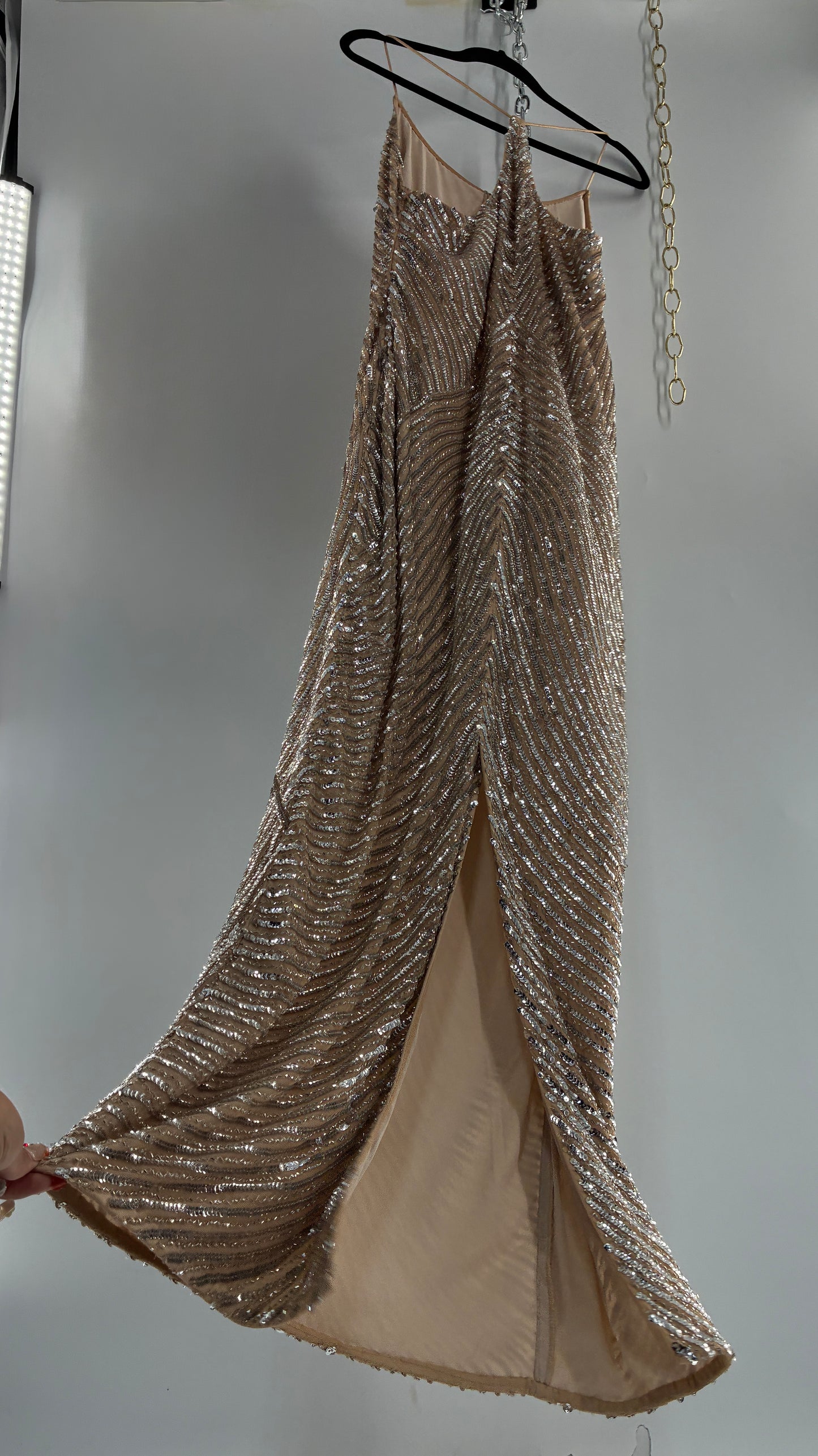MESHKI Tierra Nude Full Length Dress with Silver Sequins with Tags Attached (XXXL)