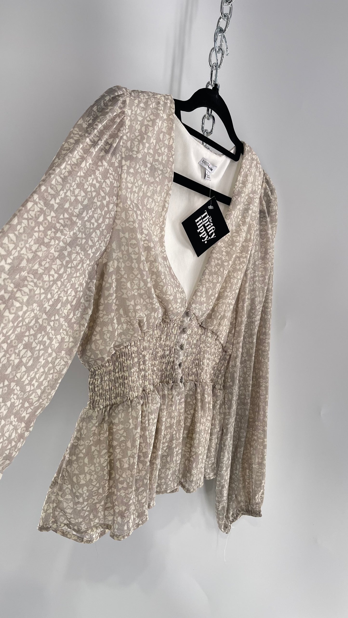 Anthropologie Light Gray Glitter/Shimmer Balloon Sleeve, Smocked Waist, Button Front Blouse (Large)