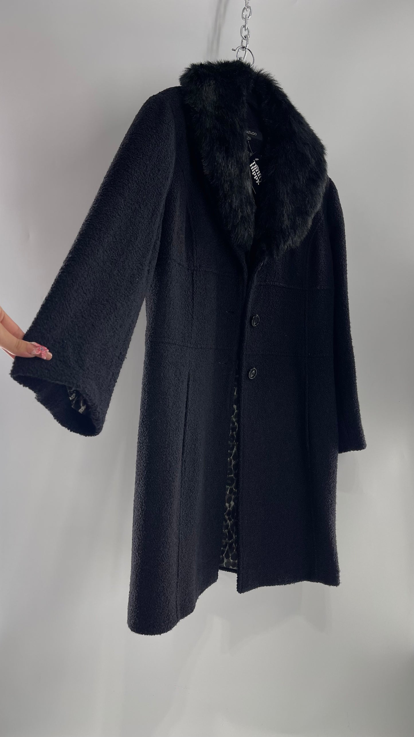 Vintage Sienna Studio Black Bouclé Coat with Faux Fur Detachable Collar and Leopard Lining (Large)