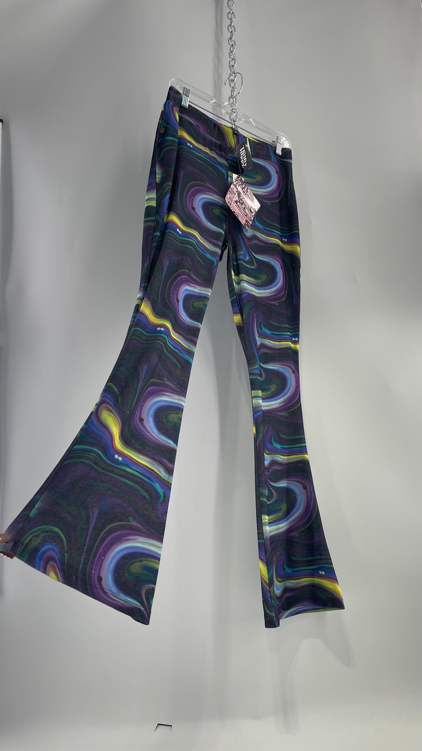 NGOrder Psychedelic Graphic Purple Blue Wavy Kickflare Pants with Tags Attached (14 XL)