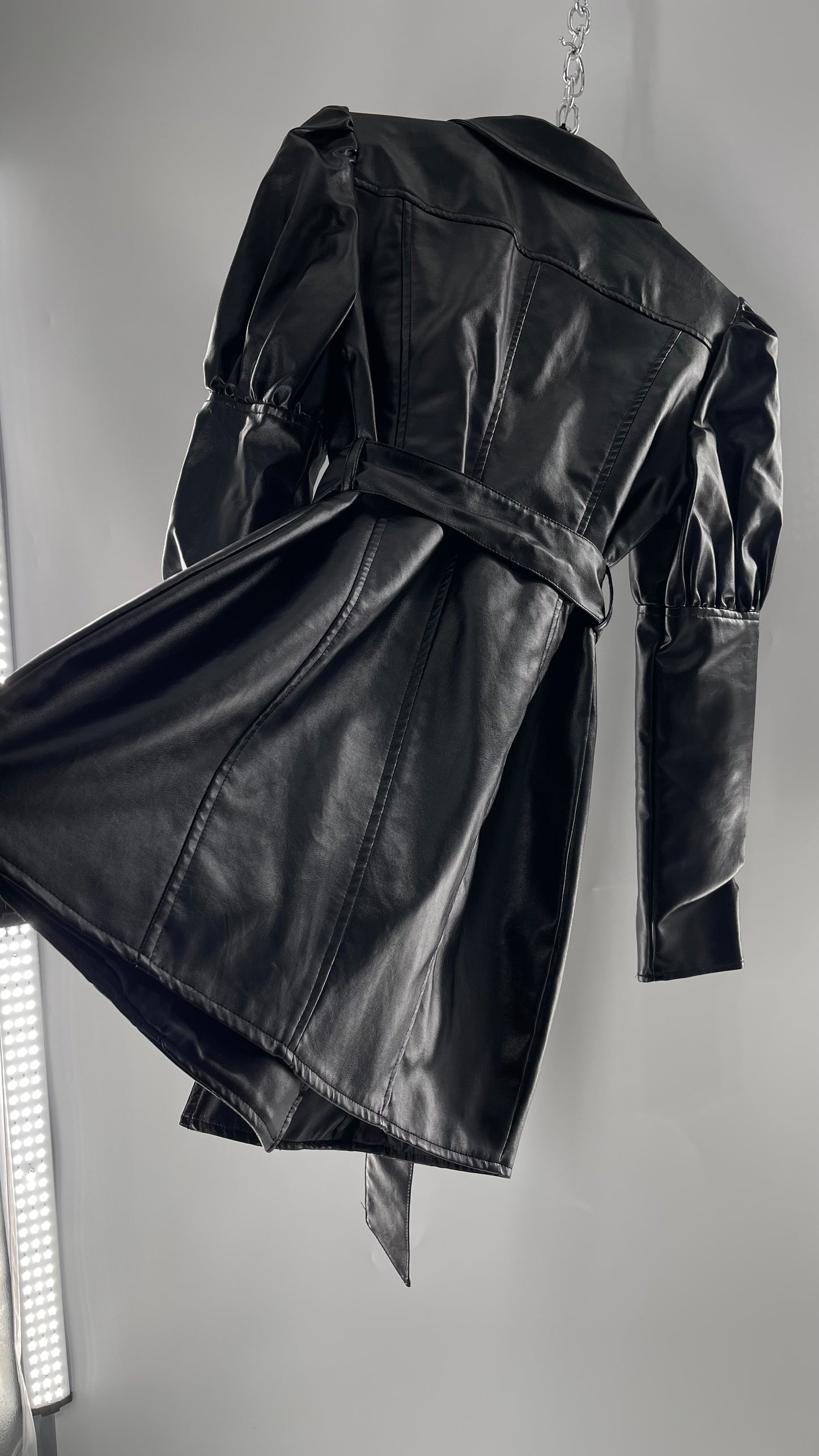 NASTYGAL Black Patent Pleather Puff Shoulder Belted Trench Coat (C)(6)