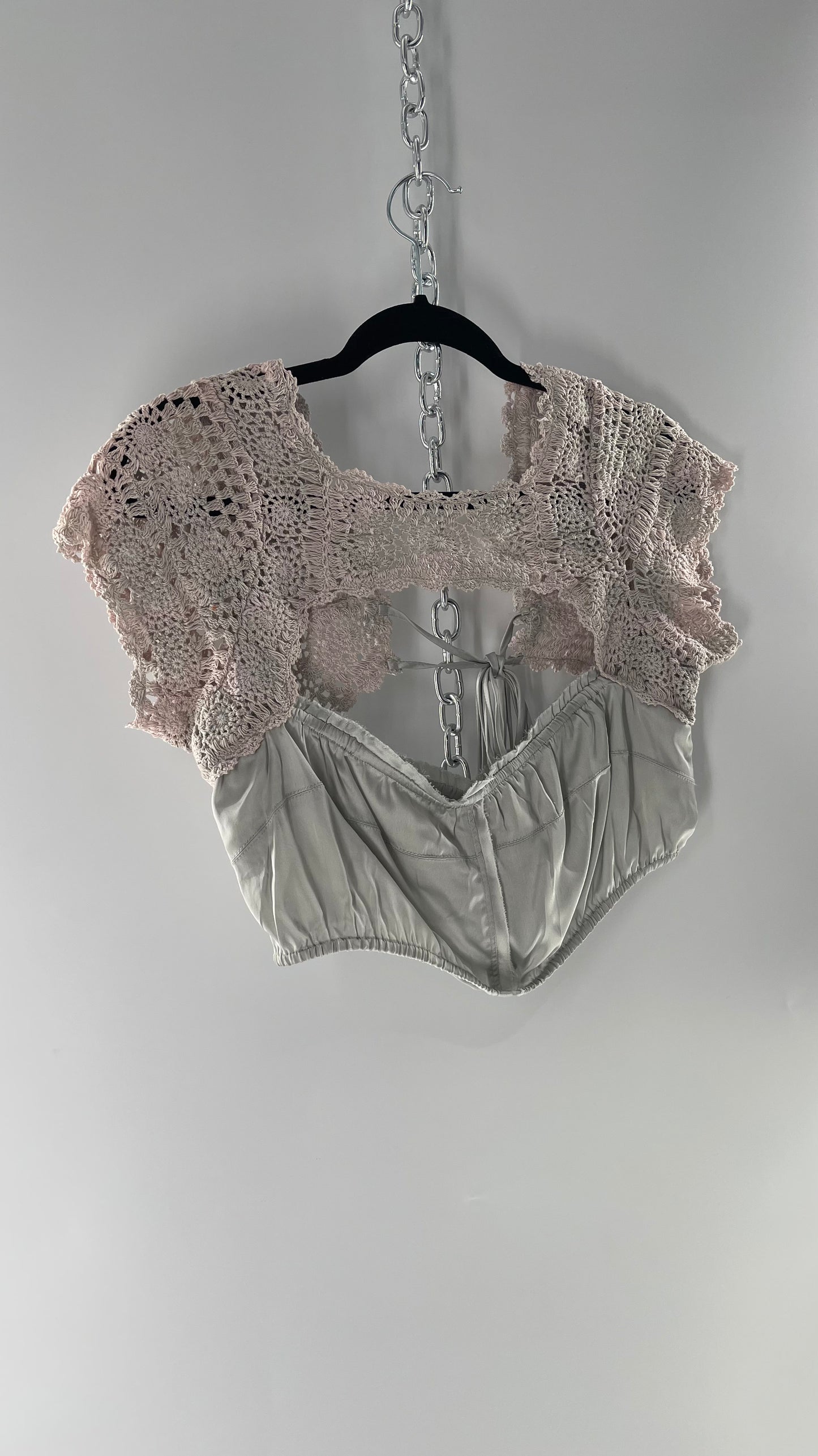 Intimately Free People Silver Satin Cropped Bustier with Crochet Shrug High Neckline (Large)