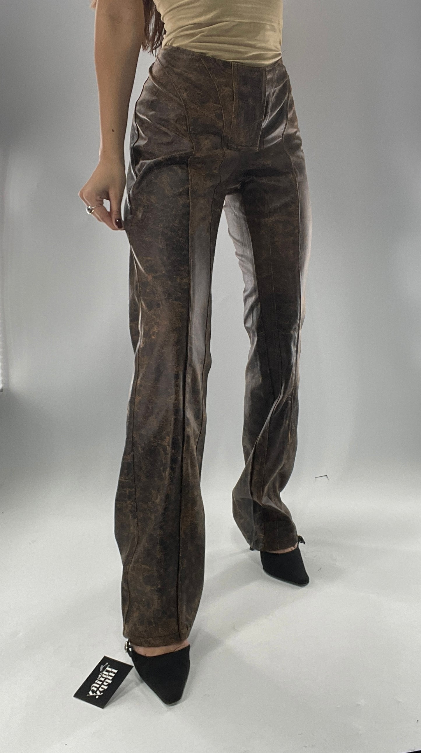 Vegan Brown Leather Kick Flares with Panel Details (Large)