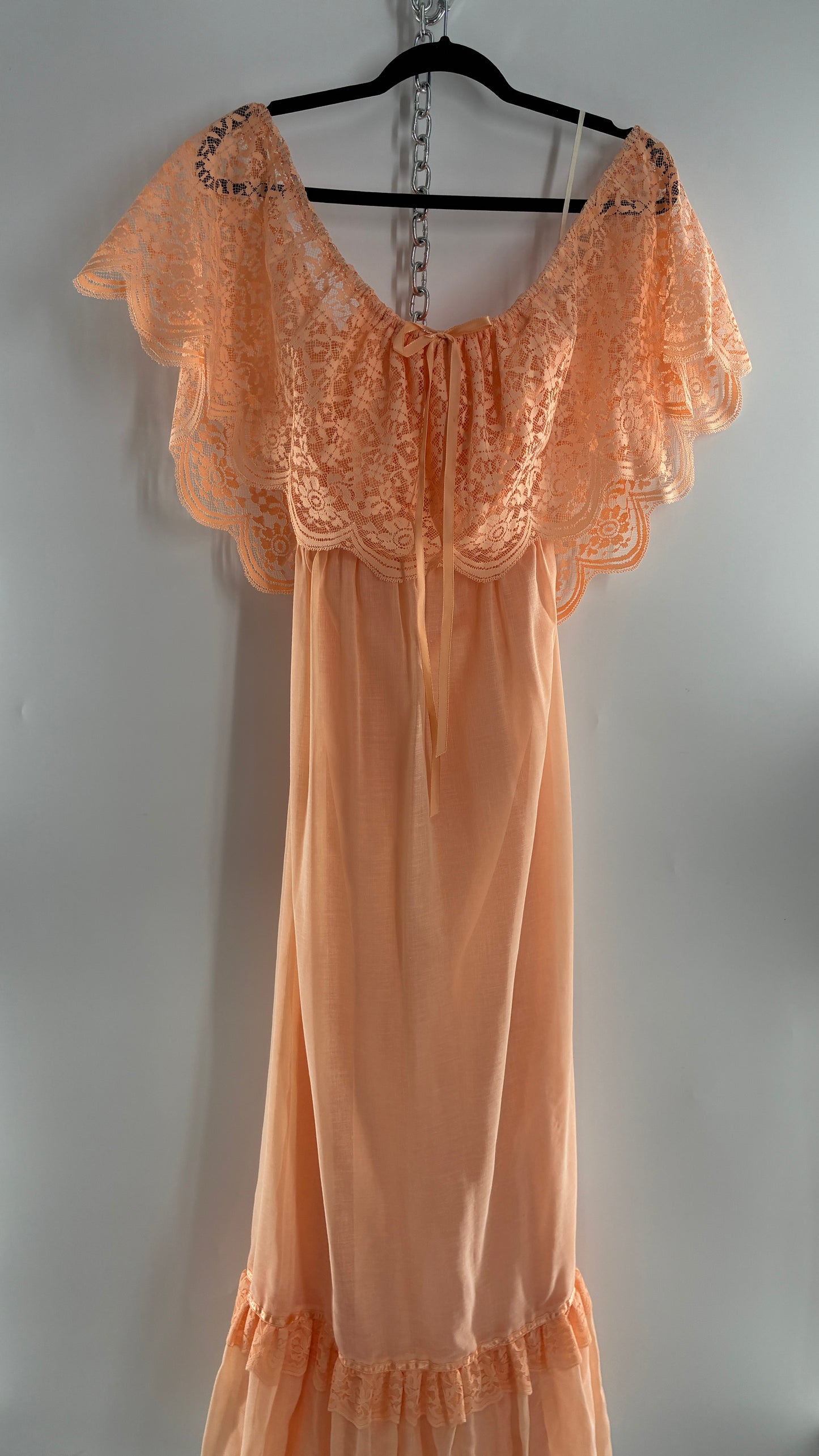 Vintage 1960s Ruffled Off the Shoulder Peach Full Length Voluminous Gown with Tie Back (9/10)