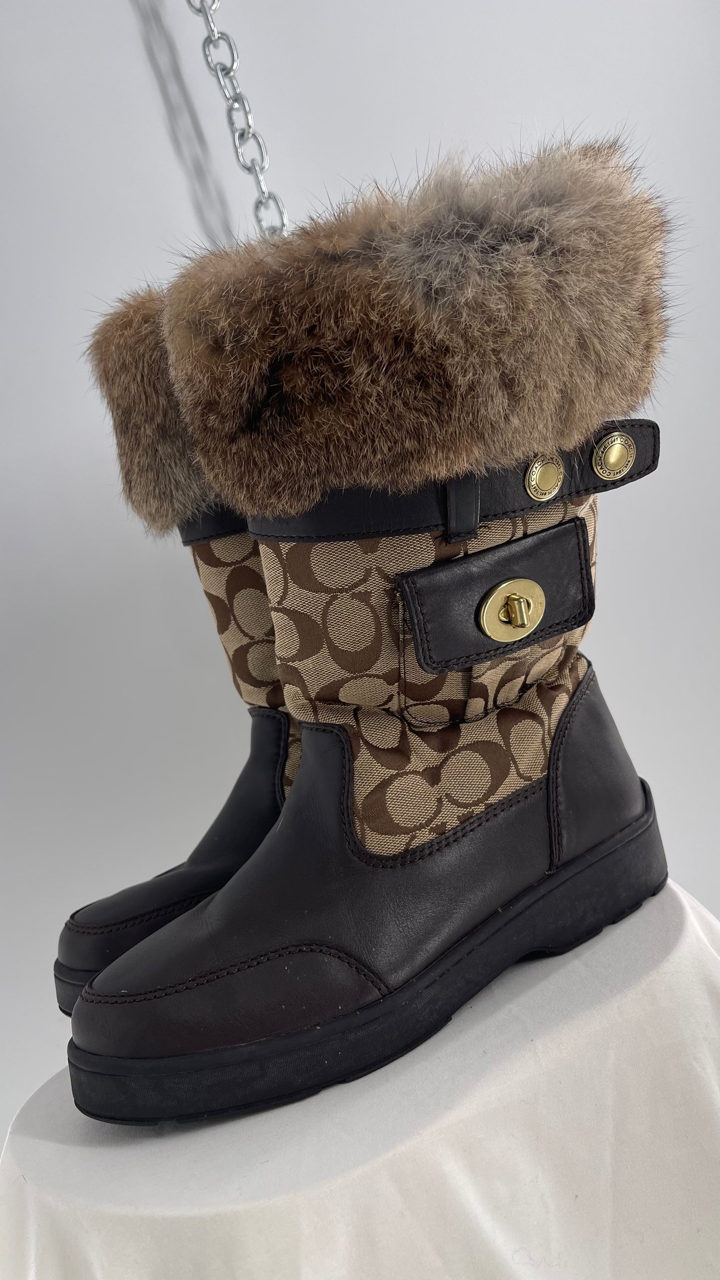 Coach Vintage Kimberly Brown Leather Quilted Monogram Rabbit Fur Trim Boot with Ankle Pouches  (8.5)