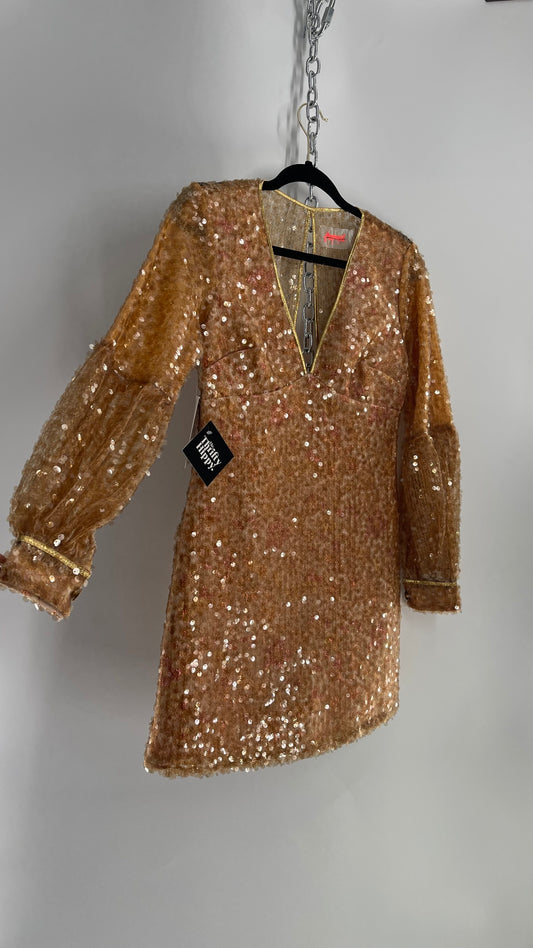 Free People Tapestry Underlay and Gold Sequin Overlay A-Line Mini Dress with Bubble Sleeves
 (0)