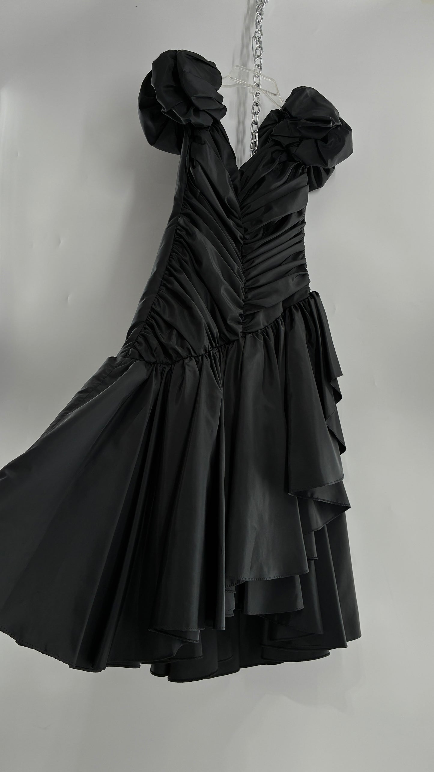 Vintage 1980s Black Gown with Ruched Bodice, Exaggerated Puff Sleeves, and Tiered Skirt (Measured)