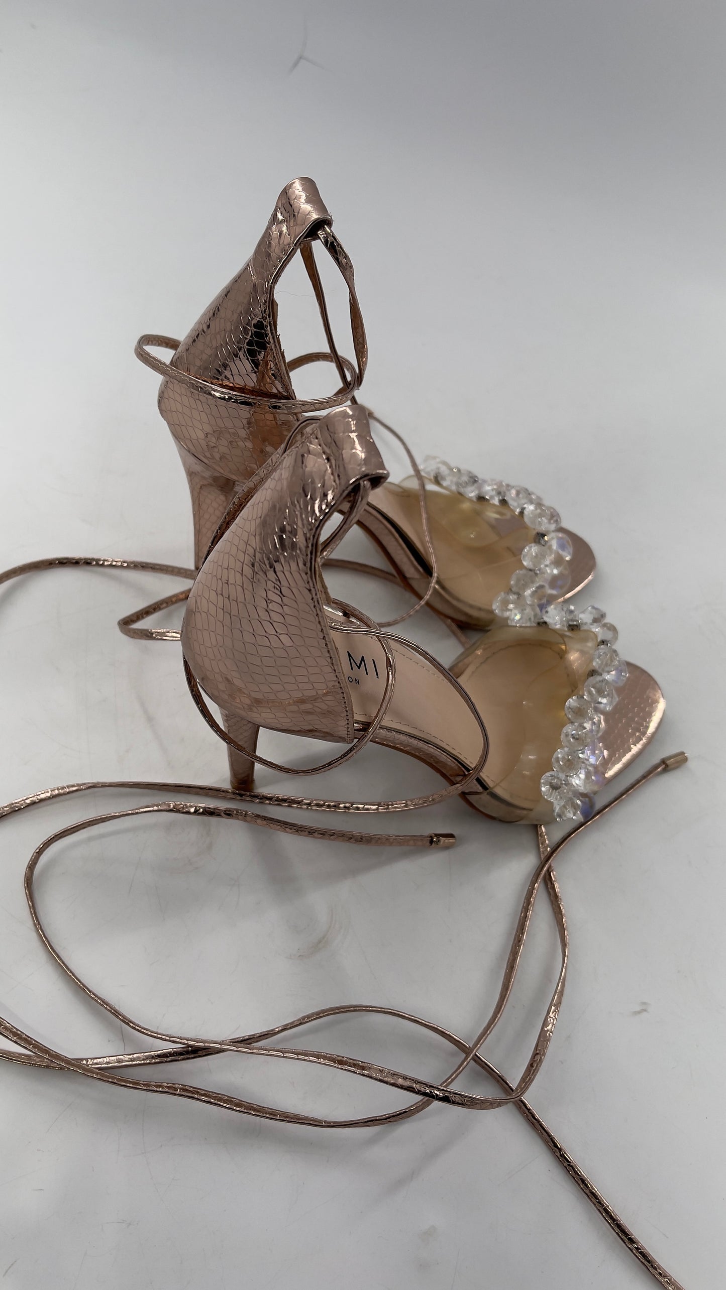 SIMMI LONDON Rose Gold Textured Heels with Clear Toe Strap Covered in Rhinestones/ Crystal Pendants and Tie Up Ankle Straps (7)