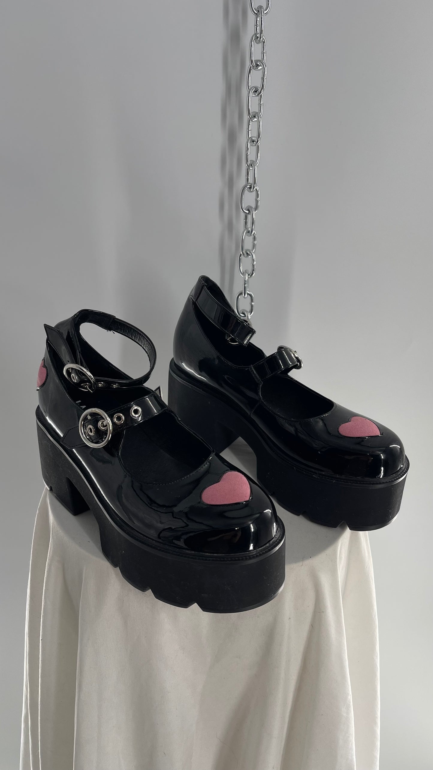 LaModa Ironic Black Patent Multibuckle Mary Jane with Pink Hearts (8)