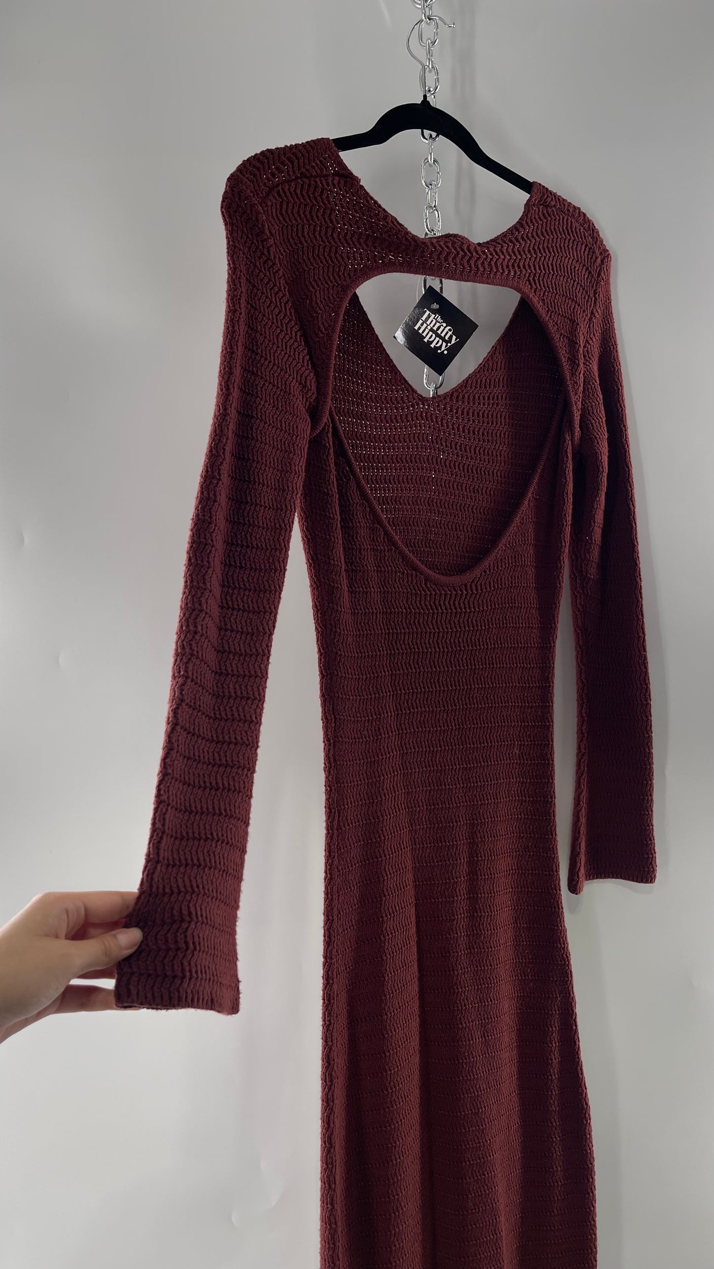 Free People Burgundy Knit Maxi Dress with Open Back and Bell Sleeves (Small)