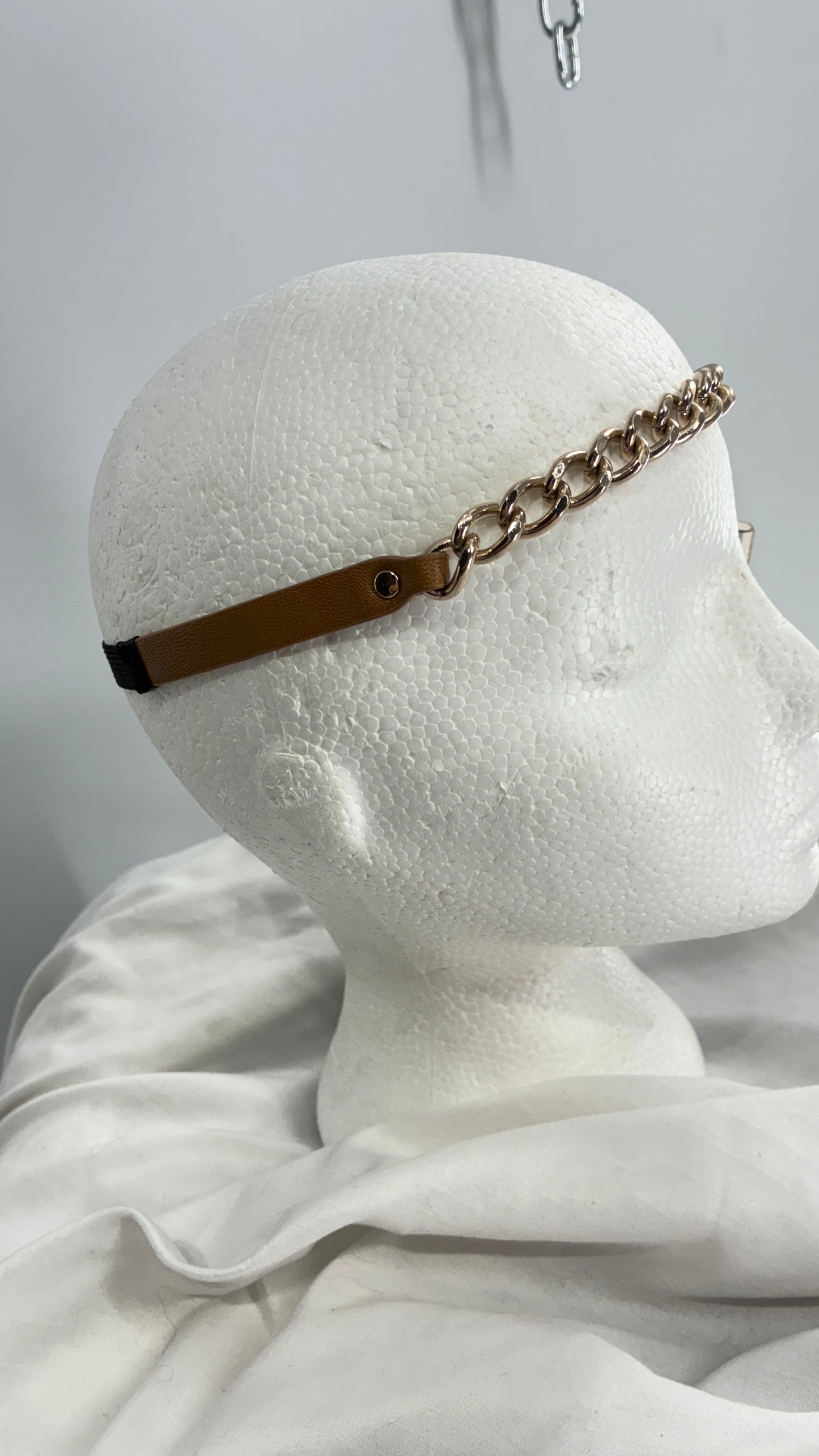 Brown Vegan Leather Gold Chain Headband with Tags Attached