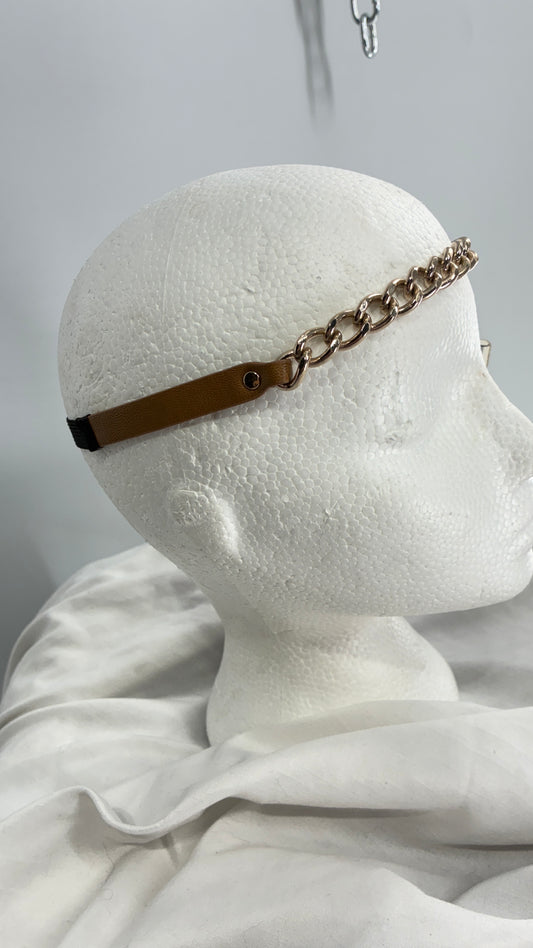 Brown Vegan Leather Gold Chain Headband with Tags Attached