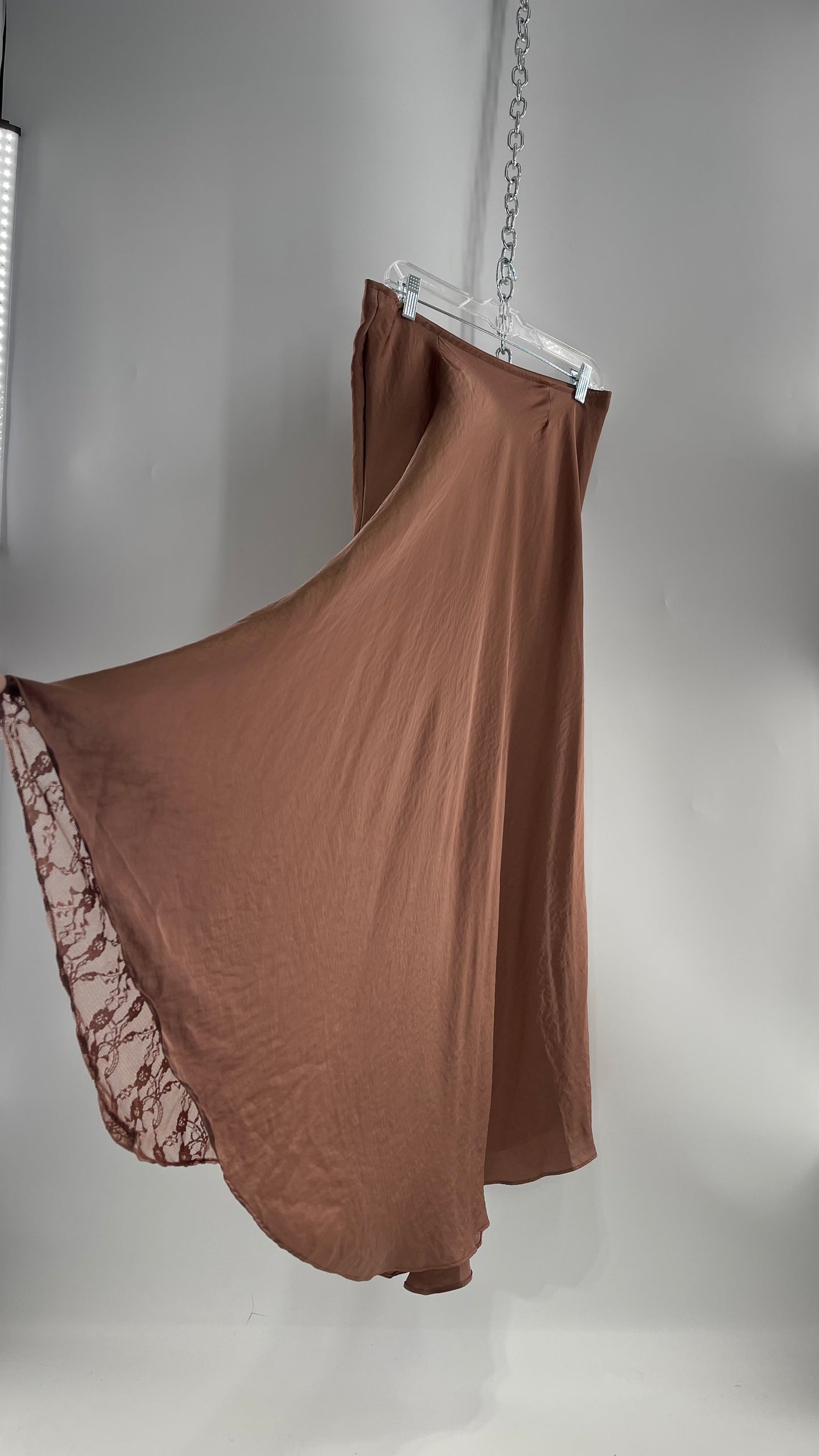 Intimately Free People Brown/Dusty Mauve Satin Maxi Skirt with Lace Paneling (Medium)