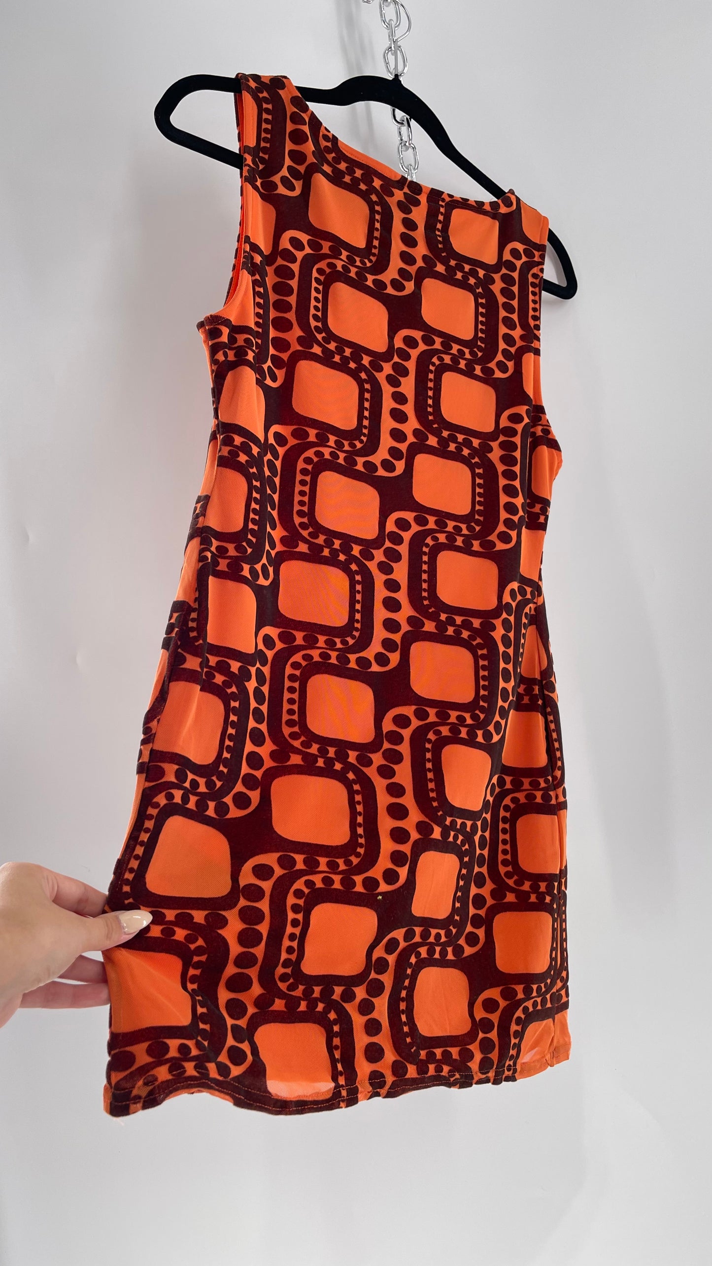 Urban Outfitters Orange Retro Patterned Tunic Dress with Brown Velvet 1970s Print  (Large)