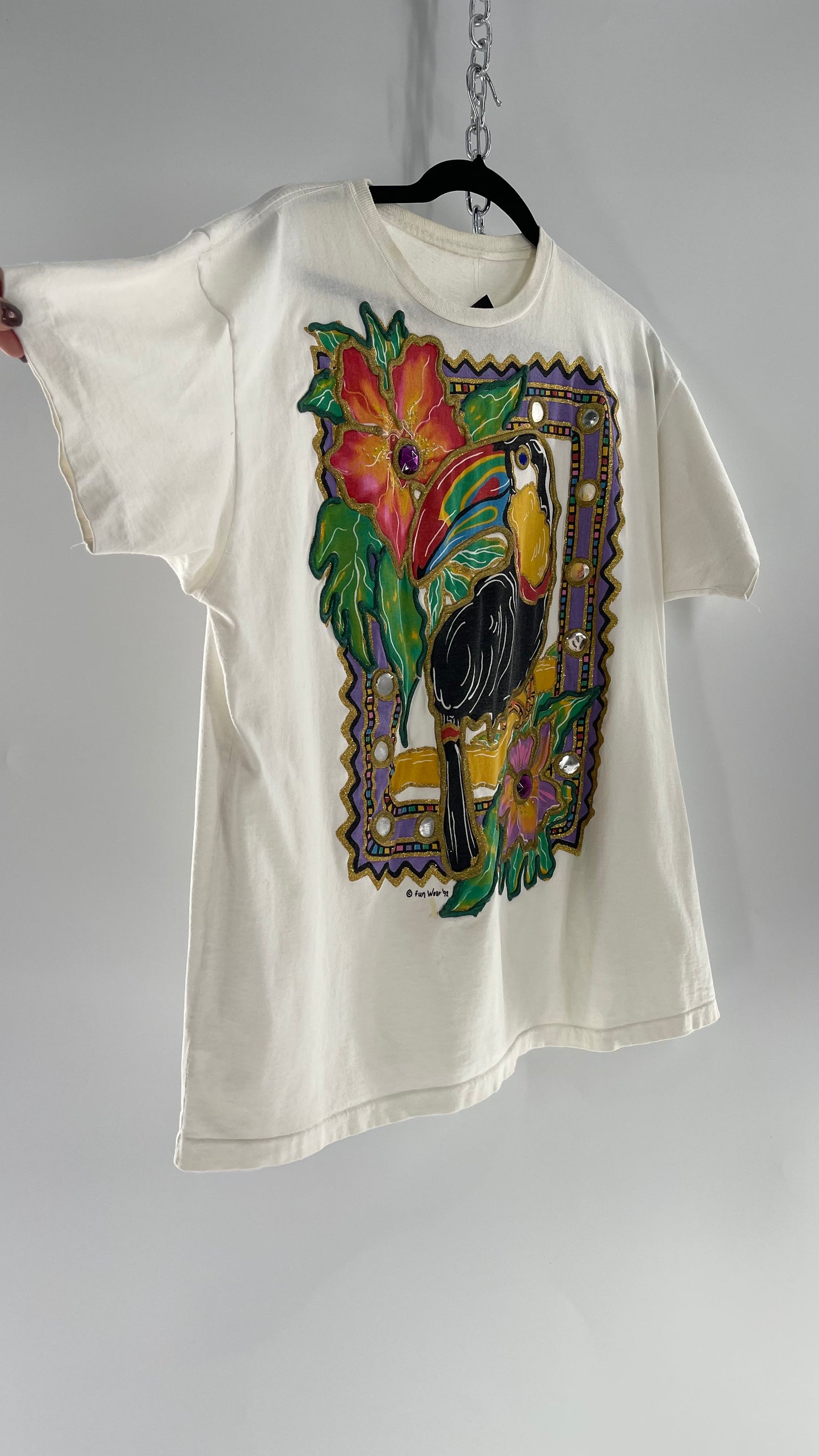 Vintage FUNWEAR 1992 White T Shirt Hand Dyed and Puff Painted with Tropical Motifs (M/L)