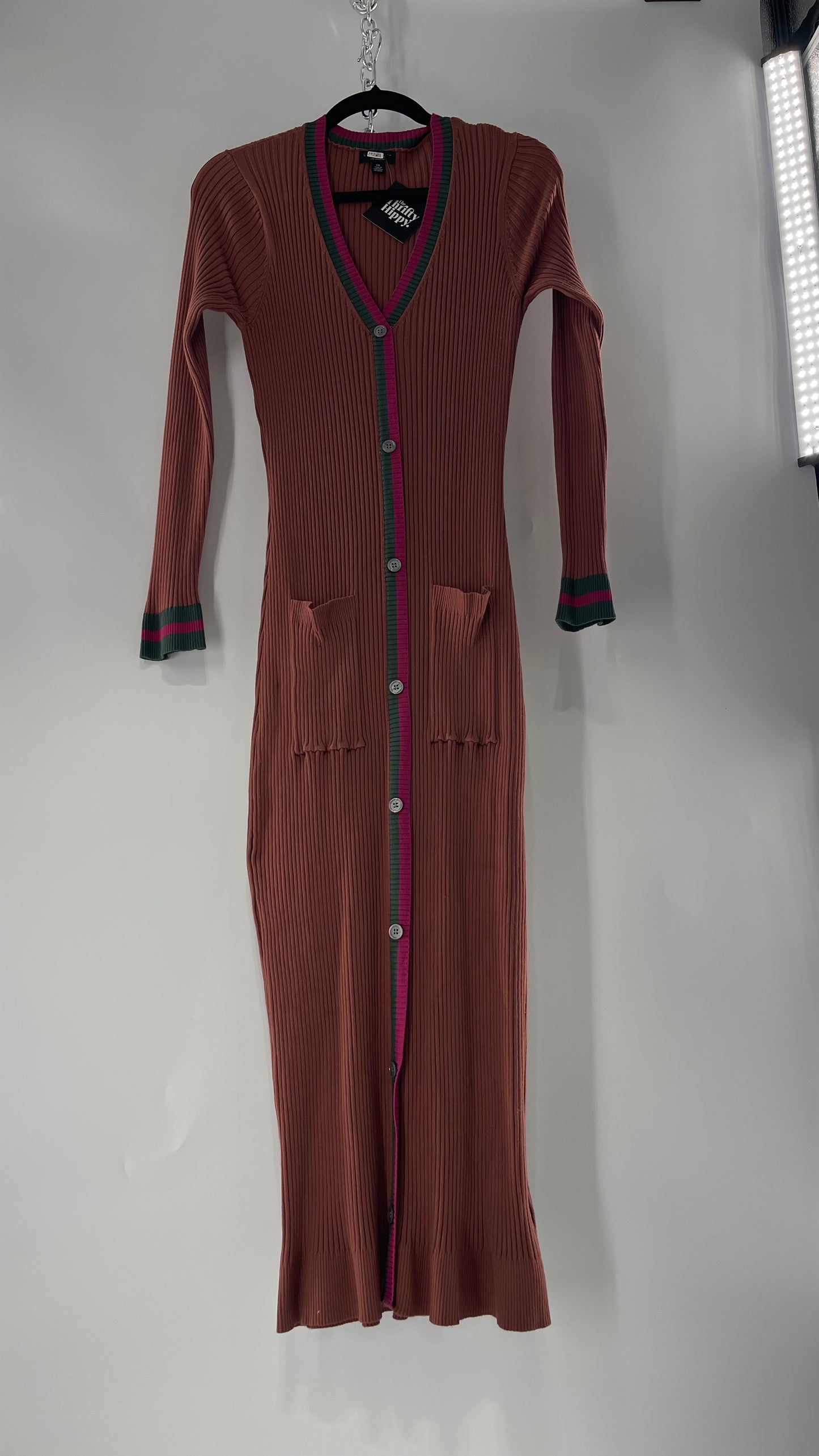 Current Air Los Angeles Brown Ribbed Knit Long Sleeve Button Front Dress with Fuchsia and Forest Green Striping (XS)