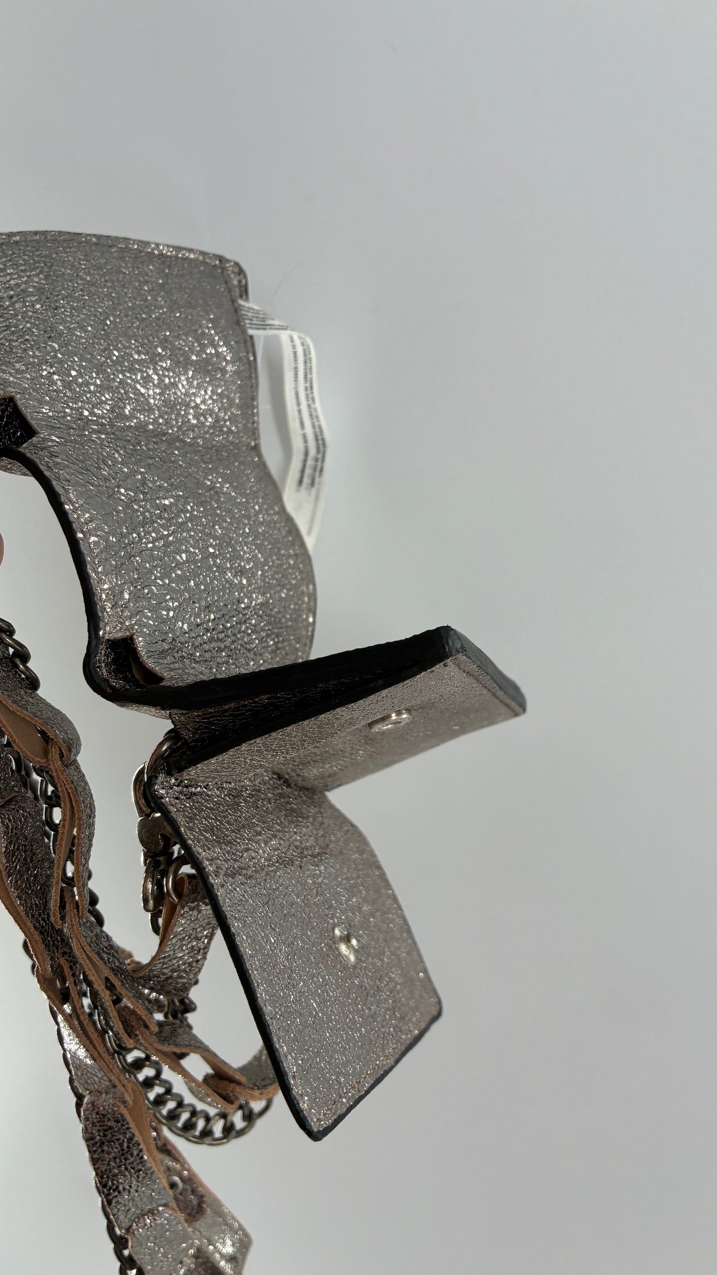 Free People Silver Gun Metal Metallic Goat Leather Wallet with Leather and Chain Straps