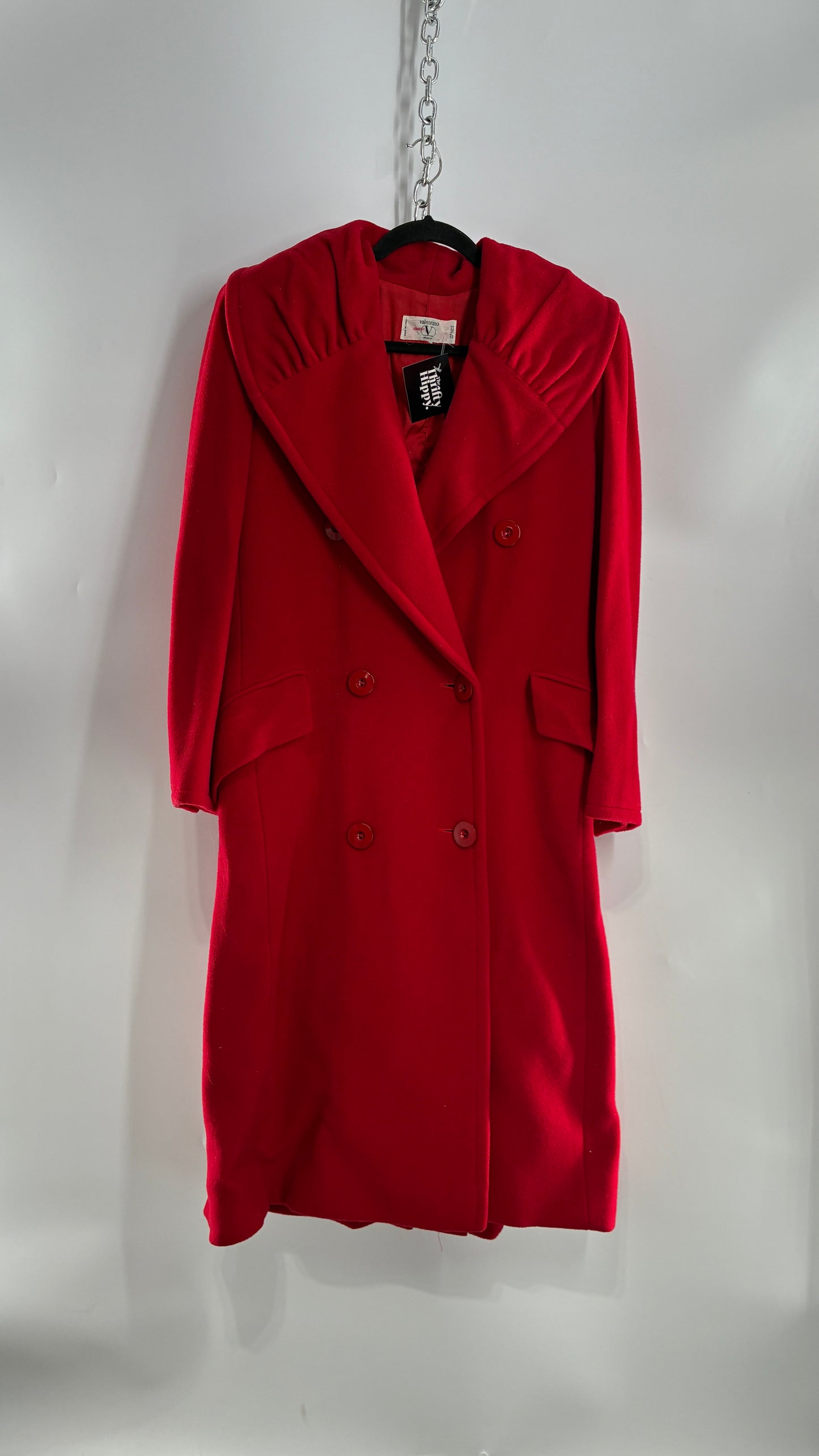 Vintage VALENTINO Miss V Red Sweeping, Tie Back and Pleated/Draped Collar Coat