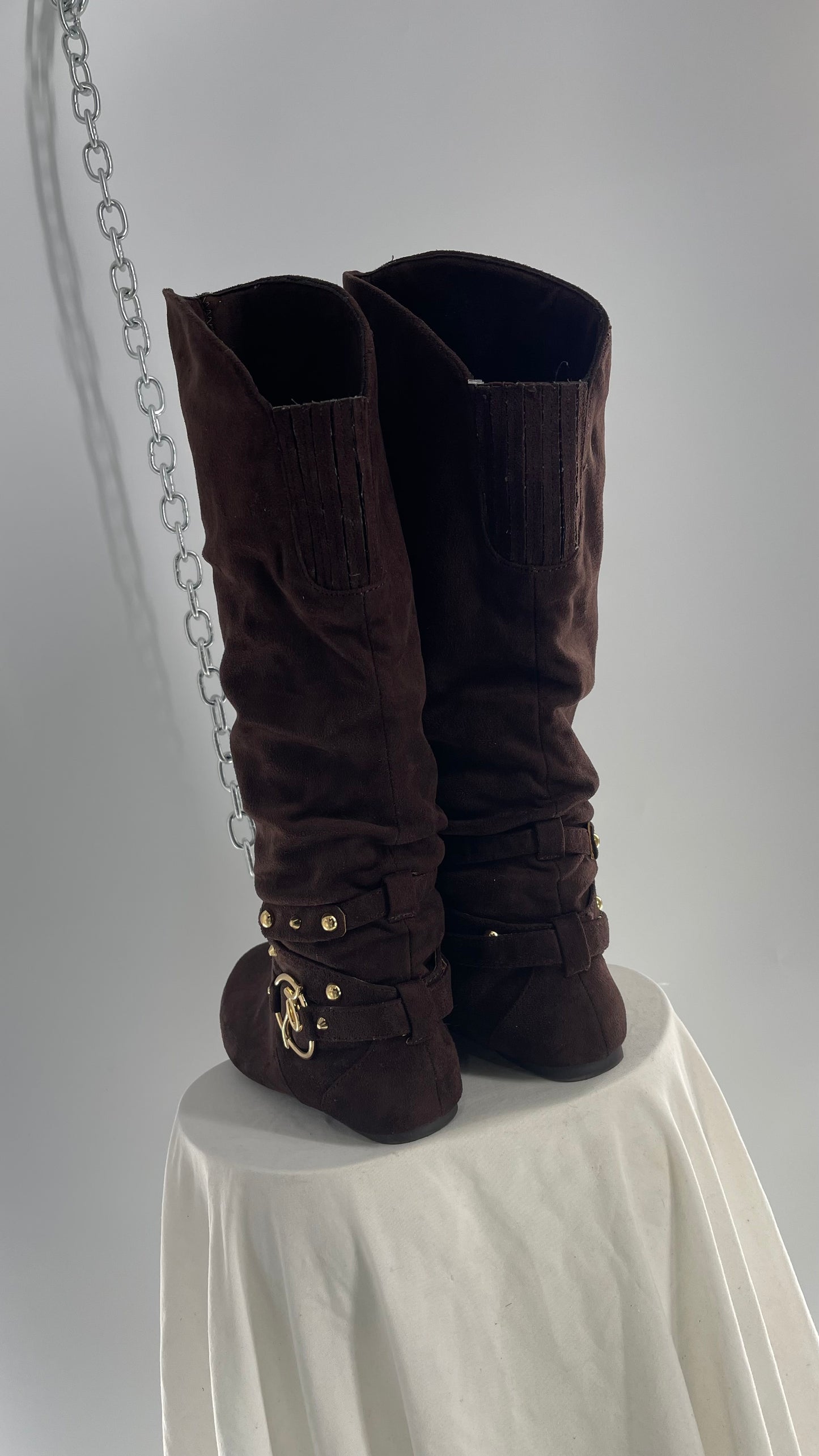 Vintage ROCAWEAR 2000s Brown Strappy, Studded, Slouchy Boots with Gold Logo Hardware (7)