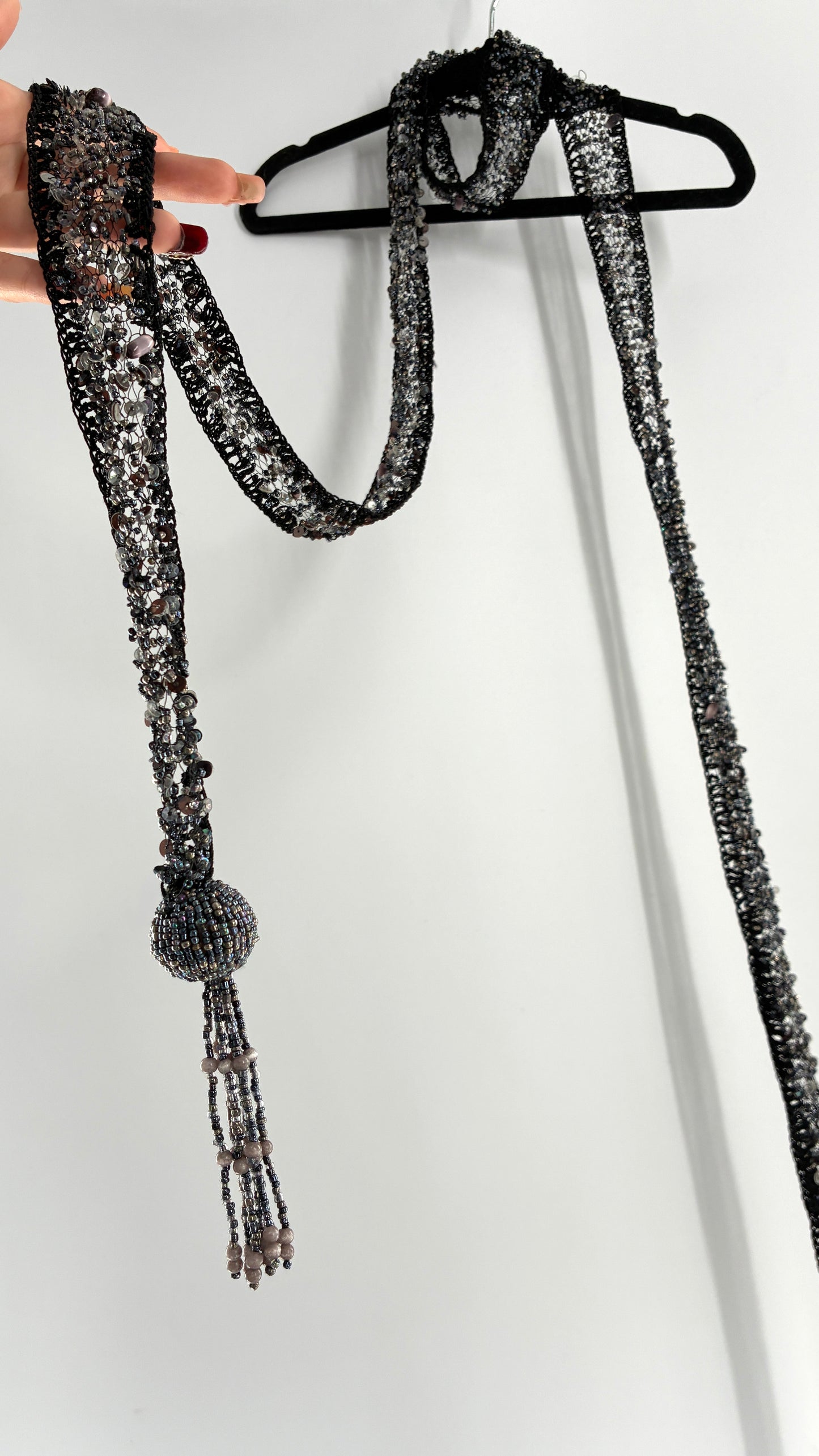 Vintage Black Netted + Crochet Scarf Necklace Covered in Heavy Beading