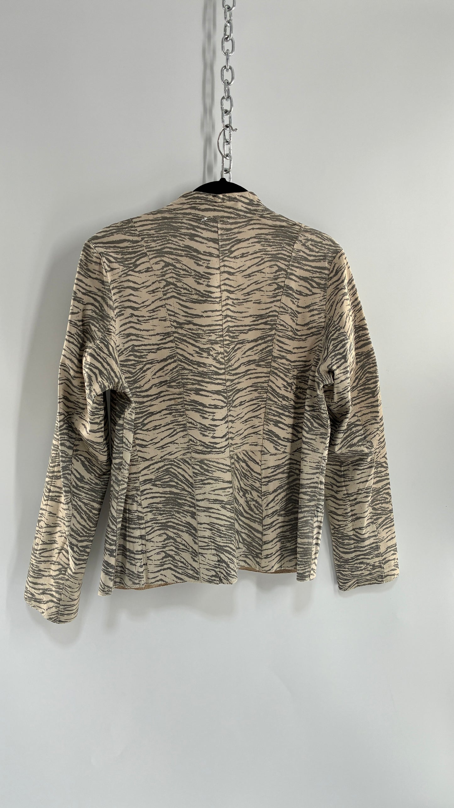 Vintage Reversible Thin Genuine Suede Leather Zip Up Jacket Beige/Zebra (Medium)