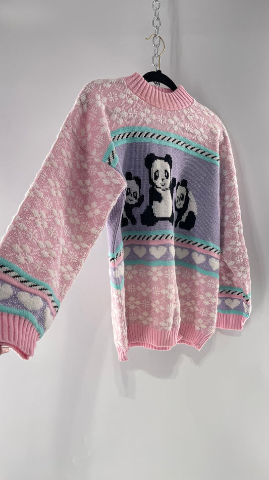 RARE 80s Vintage Adele Pastel Pink, Purple, Mint Silver Tinsel Sweater with Anime/Manga Art Style Pandas (Medium)