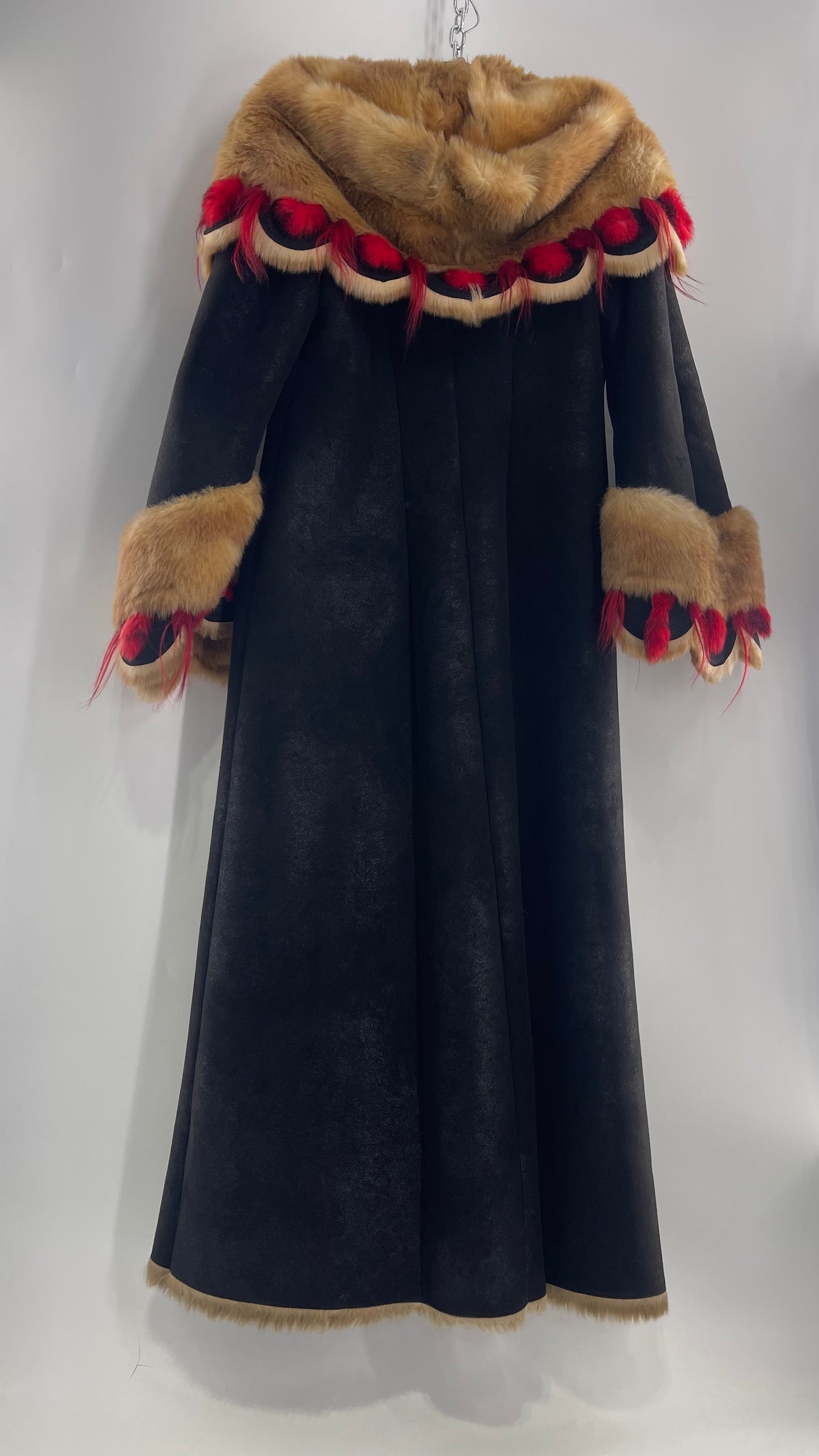 Vintage Russian Black Coat with Brown Fur Piping/Lining, Red Feathers, Scalloped Sleeve, and Hood (Medium)