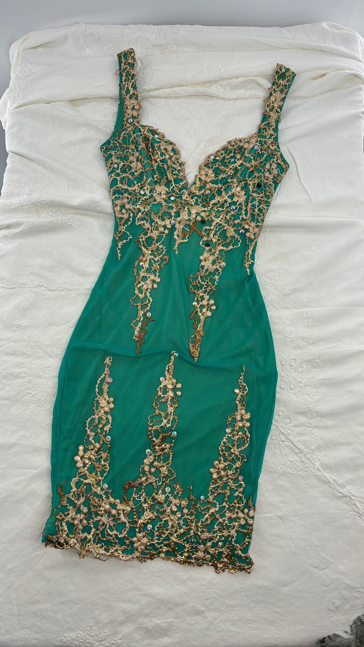Vintage HOLT Hand Painted Turquoise Mini Dress with Low Open Back (XXS/XS)