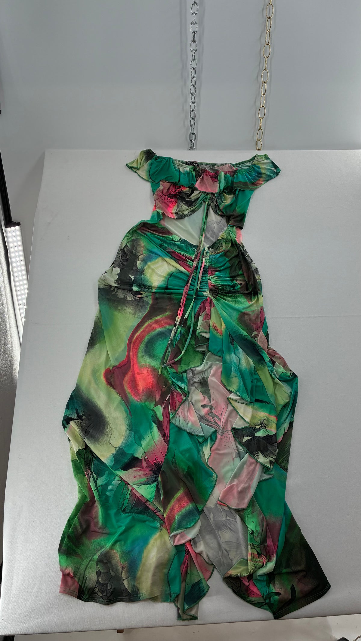 FASHION NOVA Graphic Green Cut Out, Side Slit Gown with Adjustable Waist and Bust Exposure (S/M)