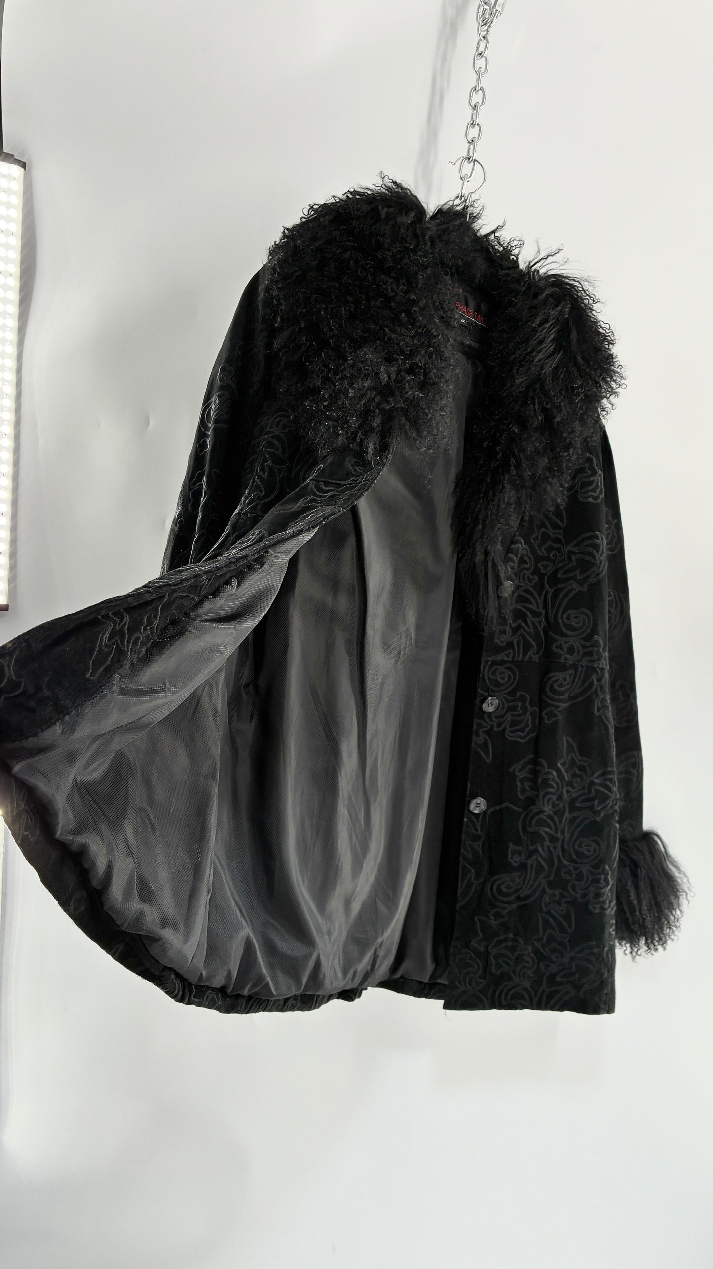 Vintage PHASE TWO Embroidered Black Genuine Suede Leather Coat with Mongolian Fur Collar and Cuffs (XXL)