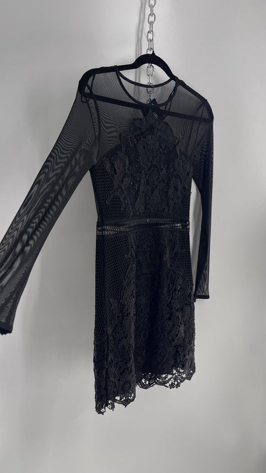 Mesh + Thick Lace Appliqué Mini Dress with Sheer Open Back (Small)