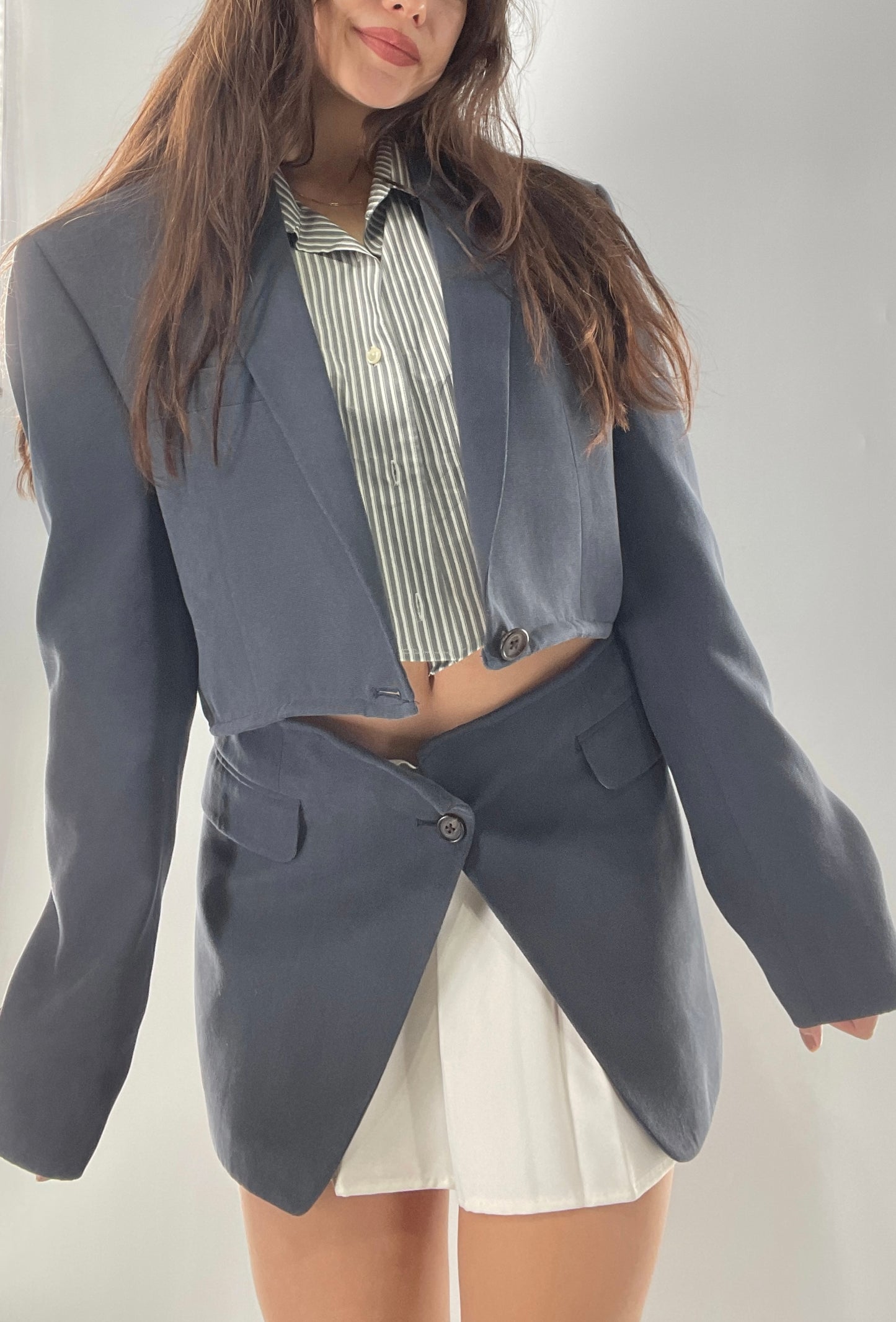 CUSTOM Handmade 2pc Suit Set Gray/Blue with Open Corset Back Skirt and Cropped Jacket (One Size)