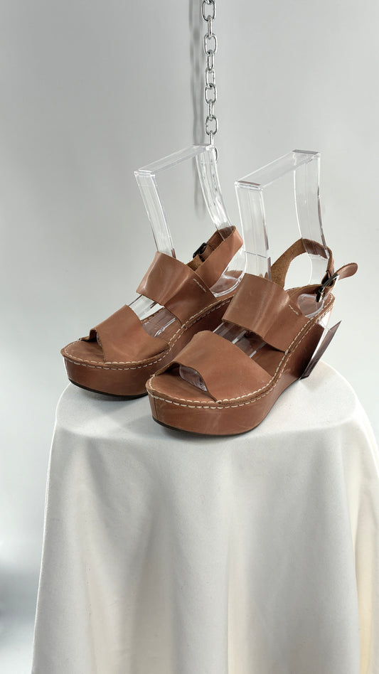 Chocolat Blu Tan Genuine Leather Wedge Platform Sandals (8.5)
