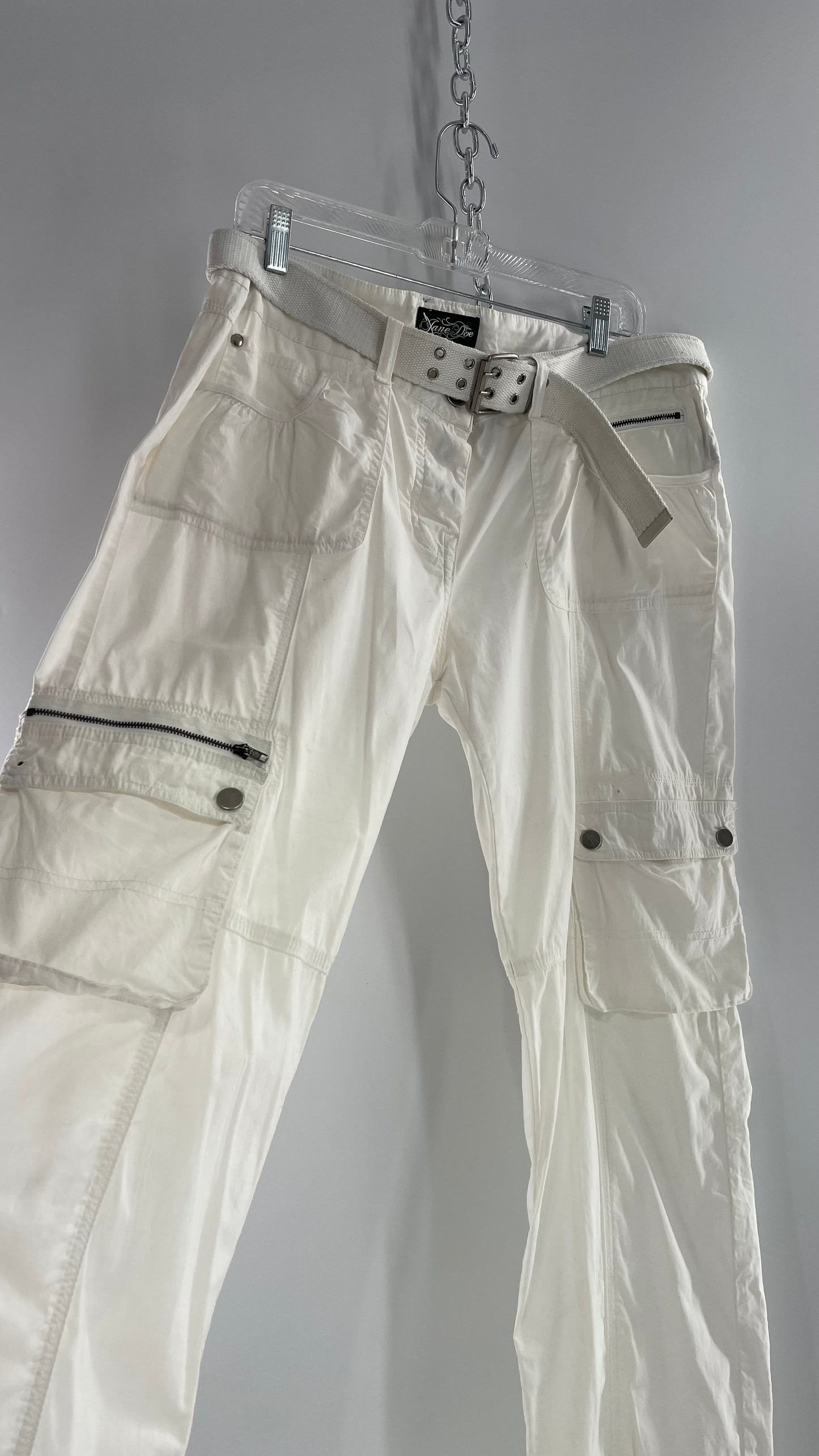 Vintage 1990s Jane Doe Low Rise White Baggy Cargos with Belted Waistline (32)