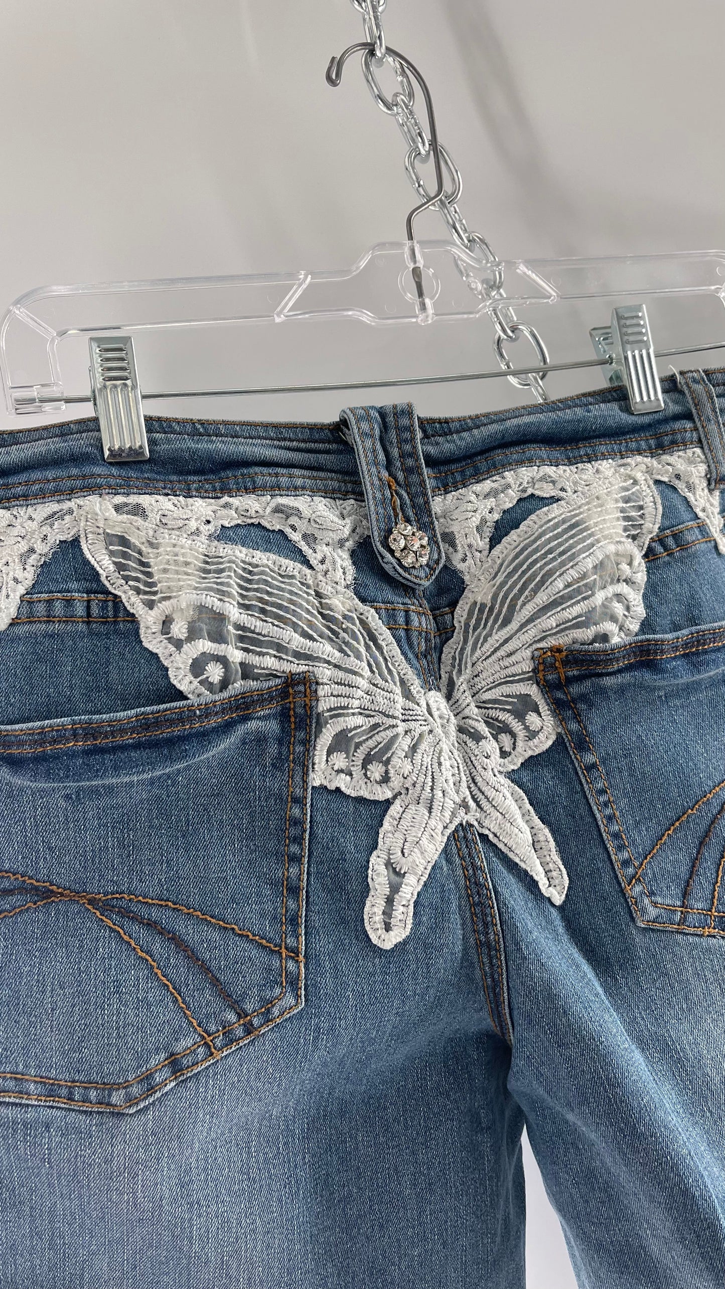 Vintage Midnight Velvet Light Wash Jeans with White Lace Butterfly on Bum (12)